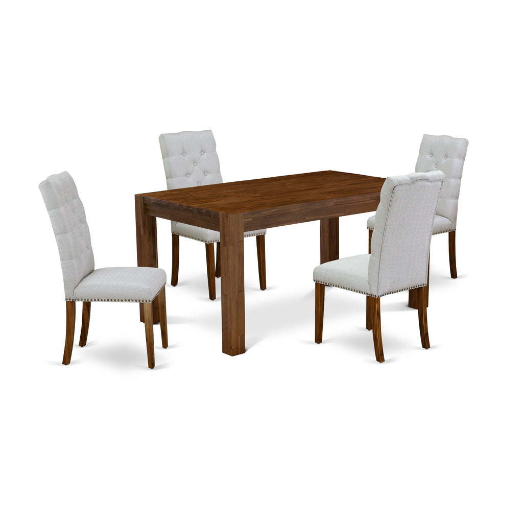 El juego de comedor de 5 piezas CNEL5-N8-05 de East West Furniture incluye una mesa de comedor rectangular de madera rústica y 4 sillas Parsons de tela de lino gris.