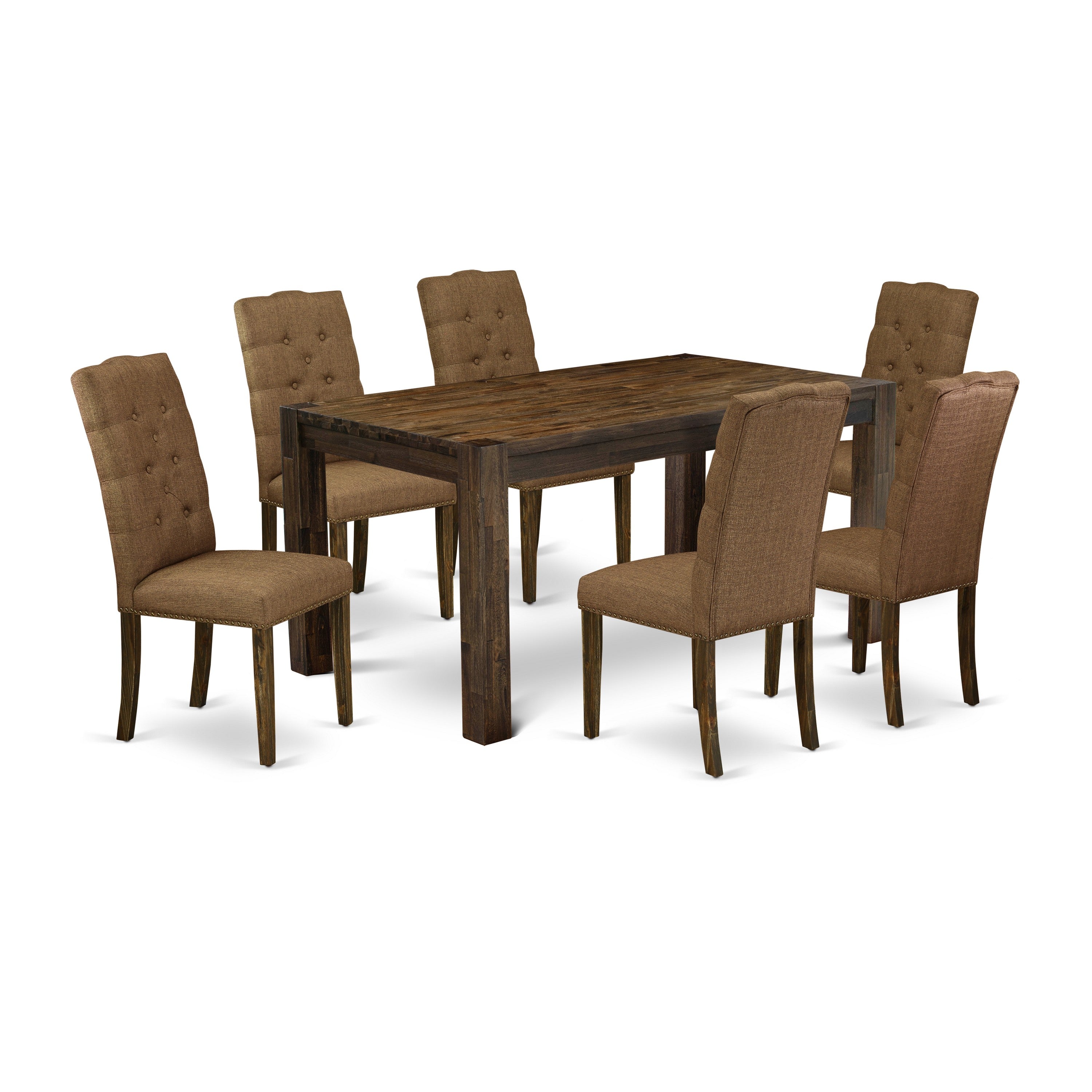 East West Furniture CNEL7-77-18 7-Piece Dining Table Set- 6 dining room chairs with Brown Beige Linen Fabric Seat and Button Tufted Chair Back - Kitchen Table (Distressed Jacobean Finish)