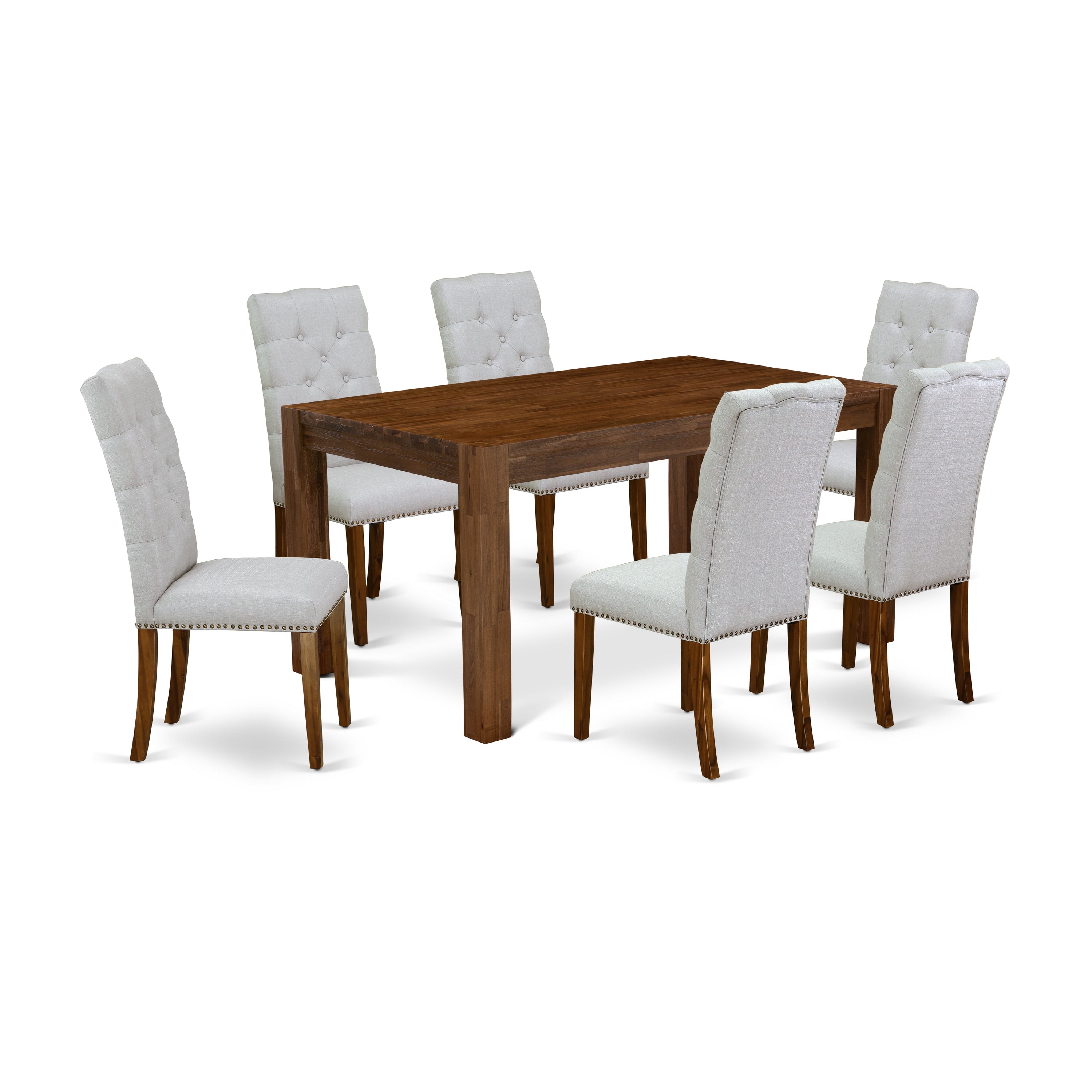 East West Furniture CNEL7-N8-05 7-Piece Dining Room Set- 6 Parson Chairs with Grey Linen Fabric Seat and Button Tufted Chair Back - Dining Table (Antique Walnut Finish)