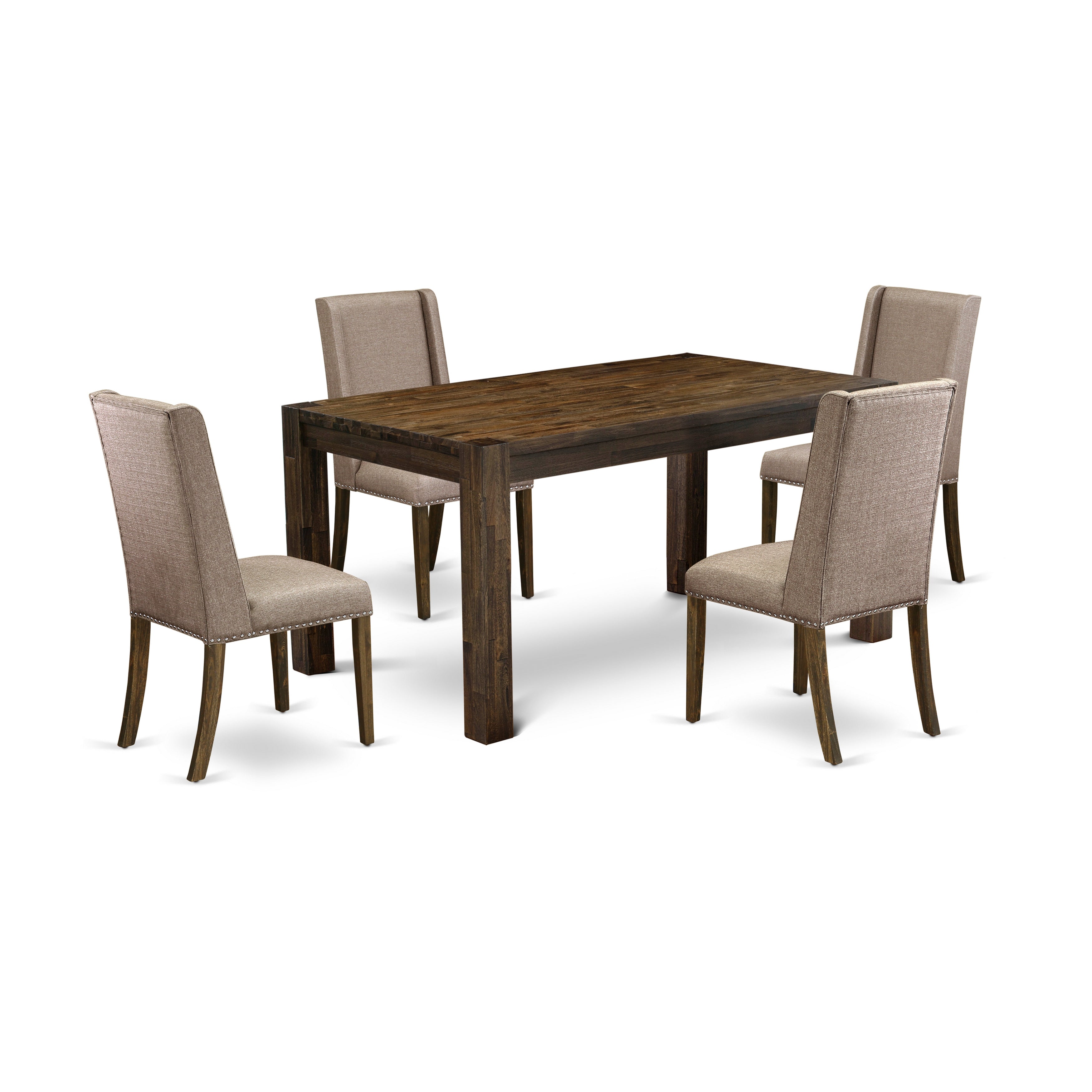 East West Furniture CNFL5-77-16 5-Pc Dining Room Table Set- 4 padded parson chairs with Dark Khaki Linen Fabric Seat and Stylish Chair Back - Dining Room Table (Distressed Jacobean Finish)