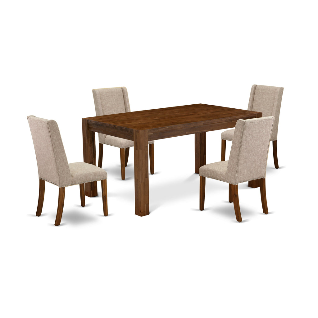 El juego de comedor de 5 piezas CNFL5-N8-04 de East West Furniture incluye una mesa de comedor rectangular de madera rústica y 4 sillas Parson tapizadas en tela de lino color tostado claro.