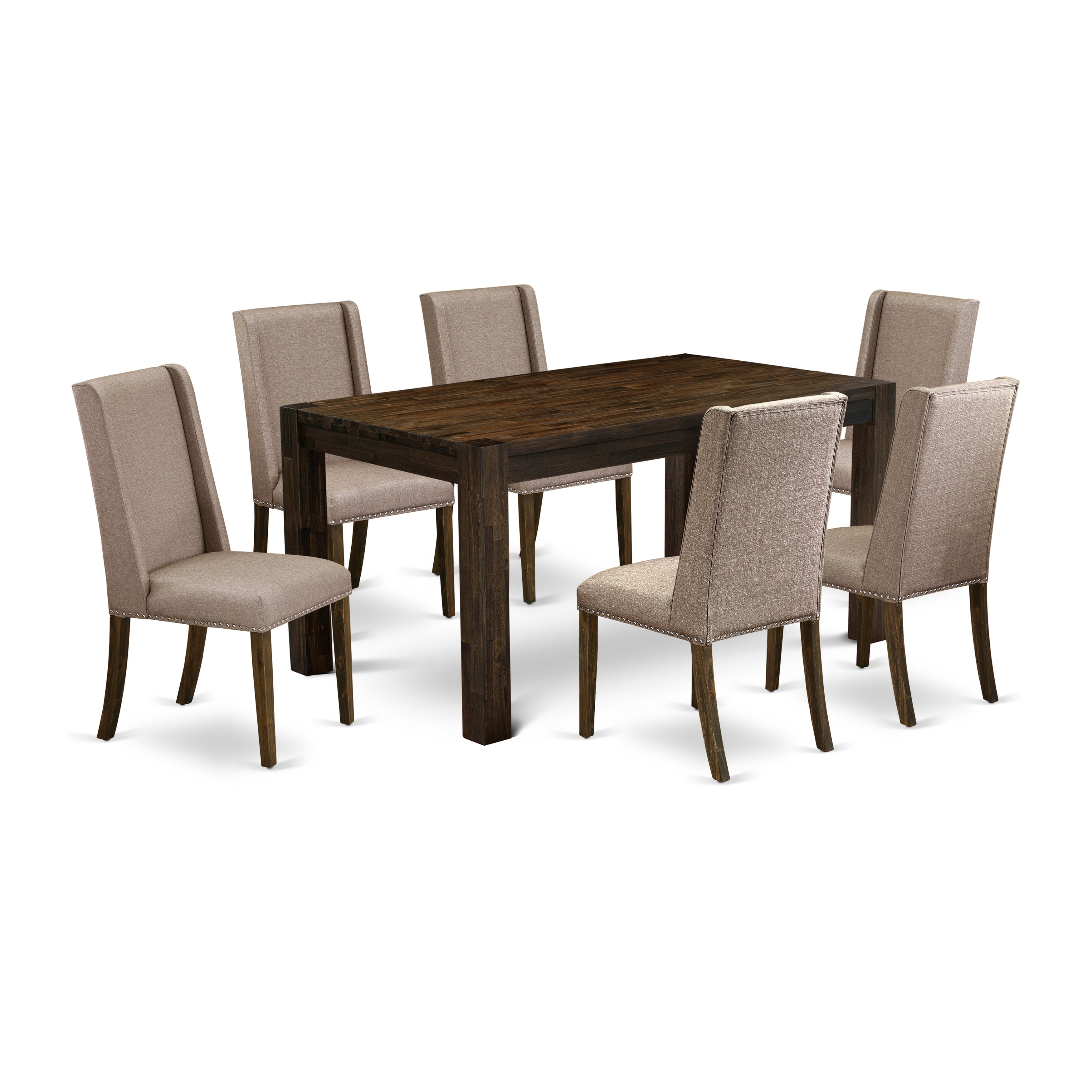 East West Furniture CNFL7-77-16 7-Piece Dining Room Set- 6 Parson Chairs with Dark Khaki Linen Fabric Seat and Stylish Chair Back - Rectangular Table (Distressed Jacobean Finish)