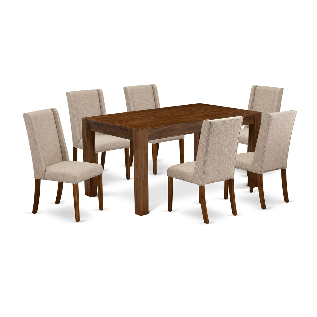 Juego de mesa de comedor de 7 piezas East West Furniture CNFL7-N8-04 compuesto por una mesa de cocina rectangular de madera rústica y 6 sillas de comedor Parson de tela de lino color tostado claro.