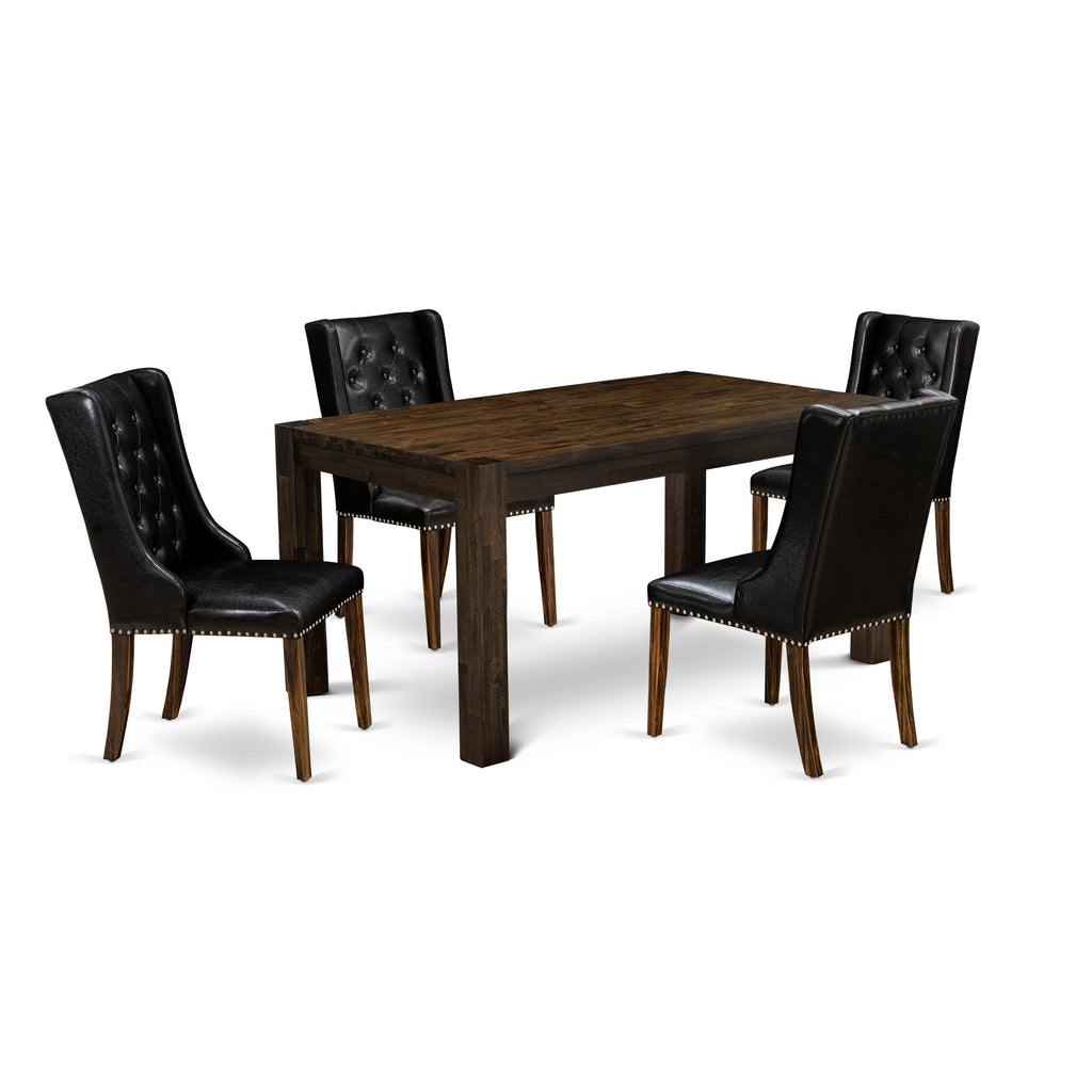 Juego de comedor de 5 piezas para 4 personas CNFO5-77-49 de East West Furniture. Incluye una mesa de comedor rectangular de madera rústica y 4 sillas Parson tapizadas en piel sintética negra.
