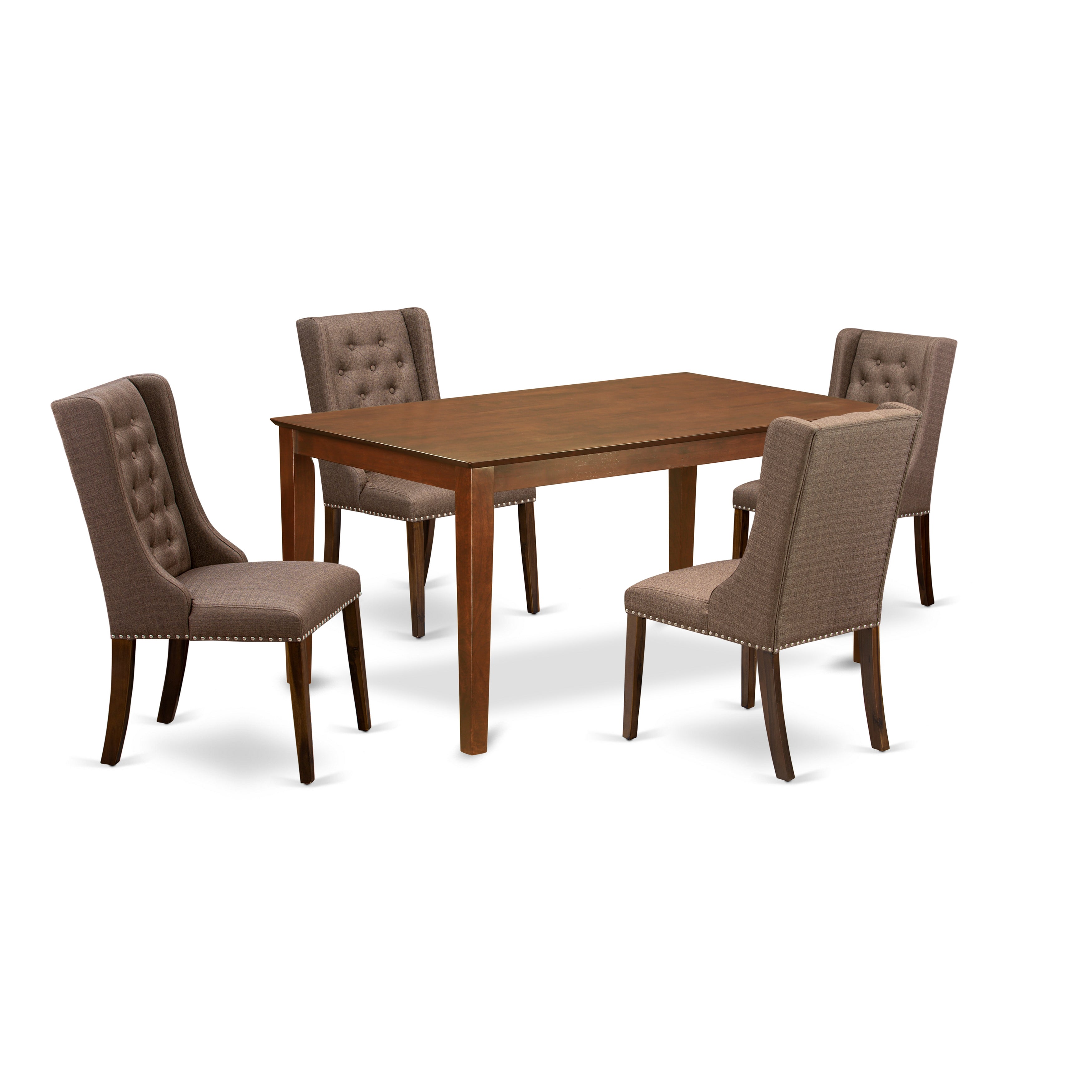 El juego de mesa de comedor de 5 piezas CNFO5-N8-18 de East West Furniture incluye una mesa de comedor rectangular de madera rústica y 4 sillas tapizadas en tela de lino marrón.