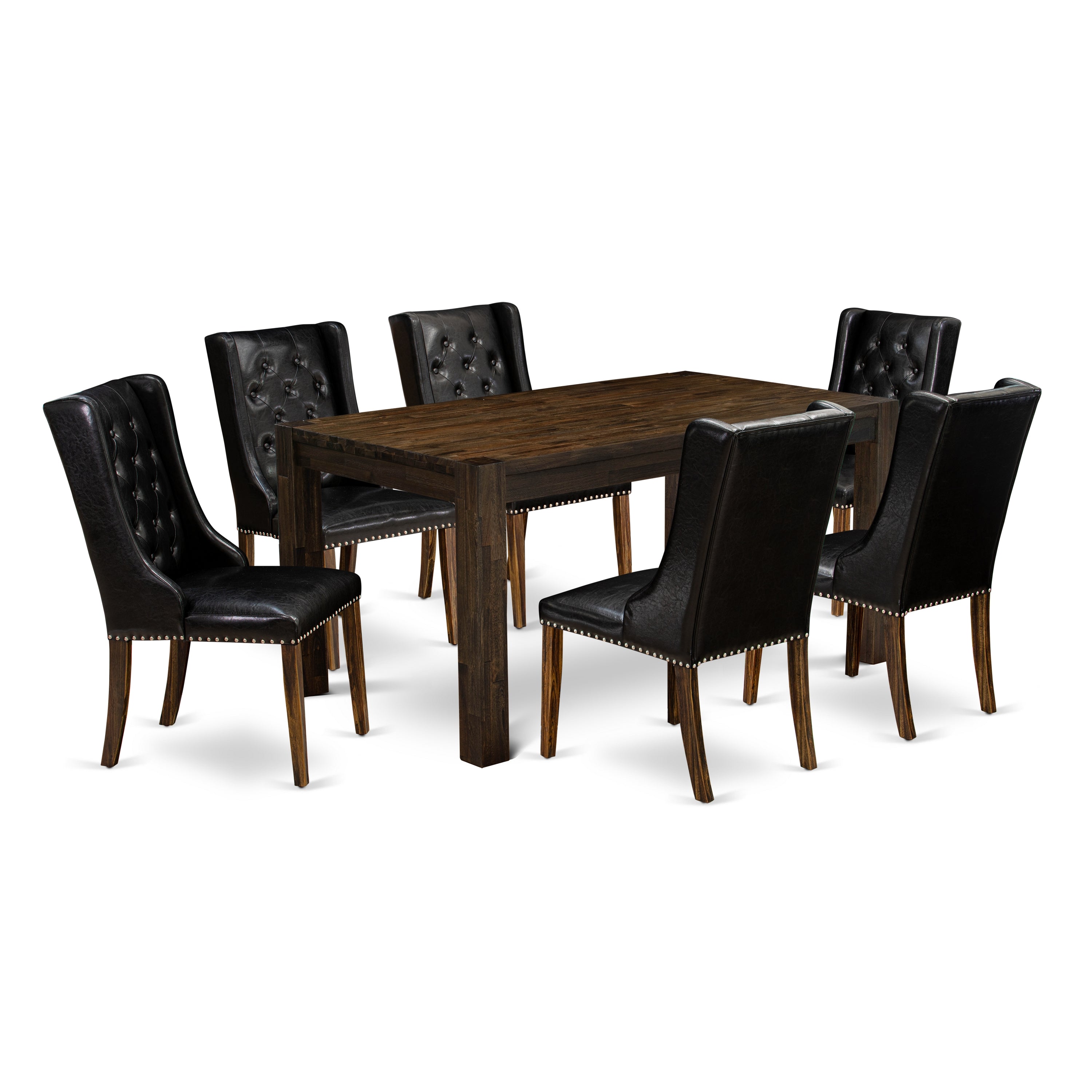 East West Furniture CNFO7-77-49 7-Pc Kitchen Room Table Set 6 Black PU faux Leather Dining Chairs with Button Tufted and 1 Stunning Kitchen Table - Distressed Jacobean Finish