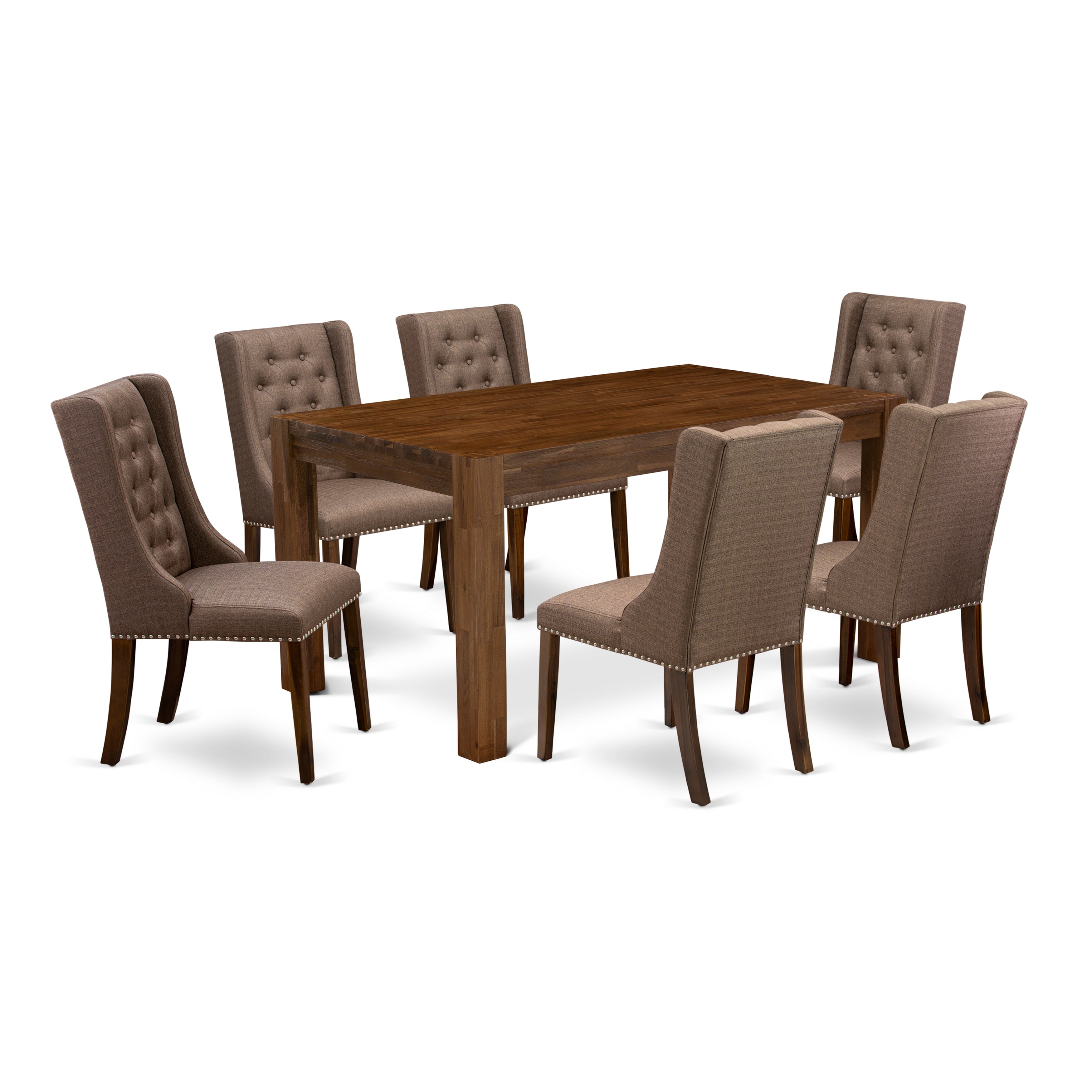 East West Furniture CNFO7-N8-18 7-Pc Dining Table Set 6 Brown Linen Fabric Upholstered Dining Chairs with Button Tufted Back and 1 Dining Room Table - Antique Walnut Finish