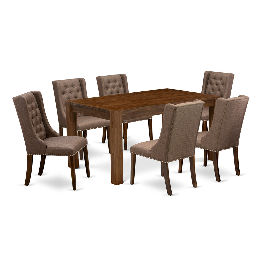 East West Furniture CNFO7-N8-18 7 Piece Modern Dining Table Set Consist of a Rectangle Rustic Wood Wooden Table and 6 Brown Linen Linen Fabric Parson Dining Chairs