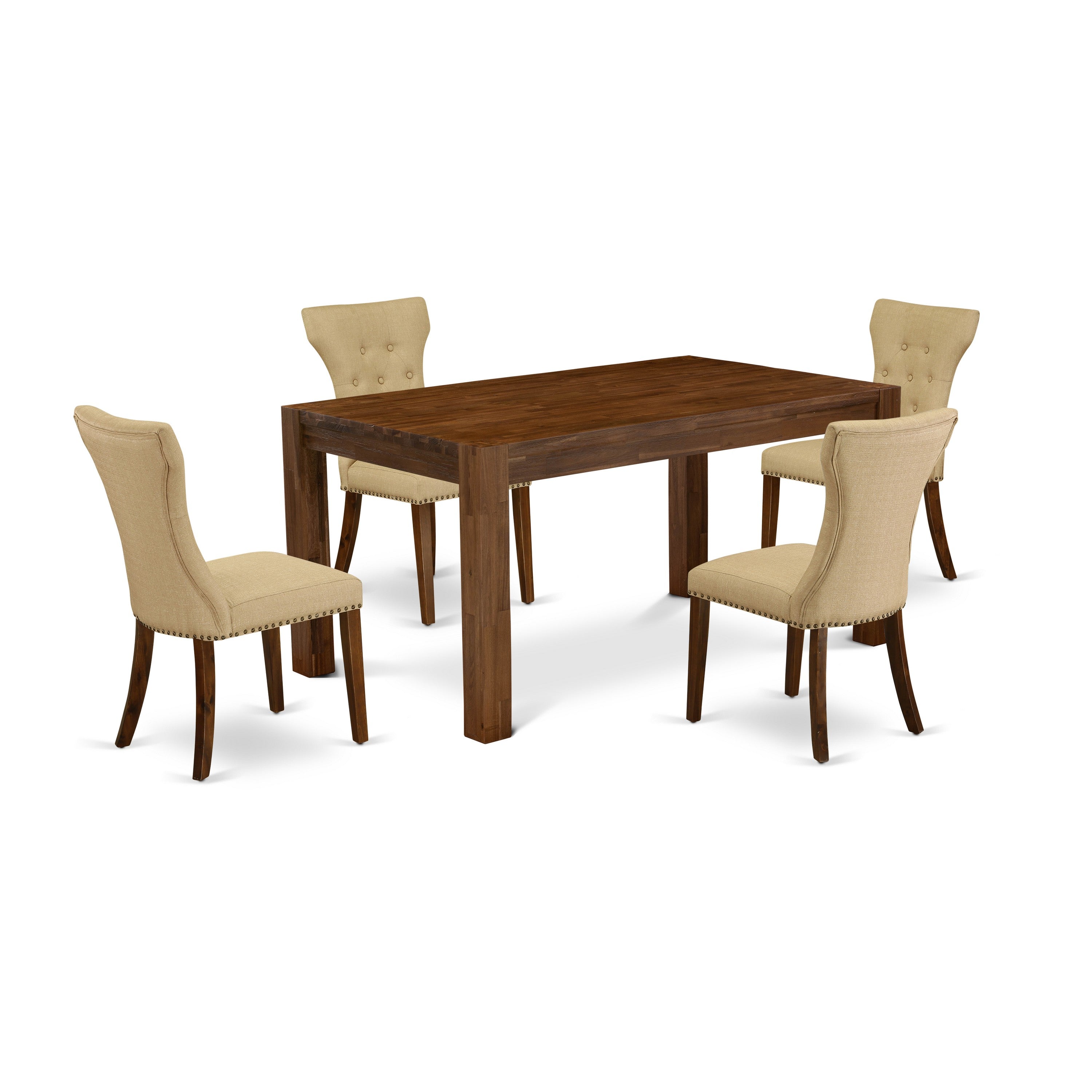 Juego de mesa de comedor moderna de 5 piezas East West Furniture CNGA5-N8-03. Incluye una mesa rectangular de madera rústica y 4 sillas Parson tapizadas en tela de lino marrón.