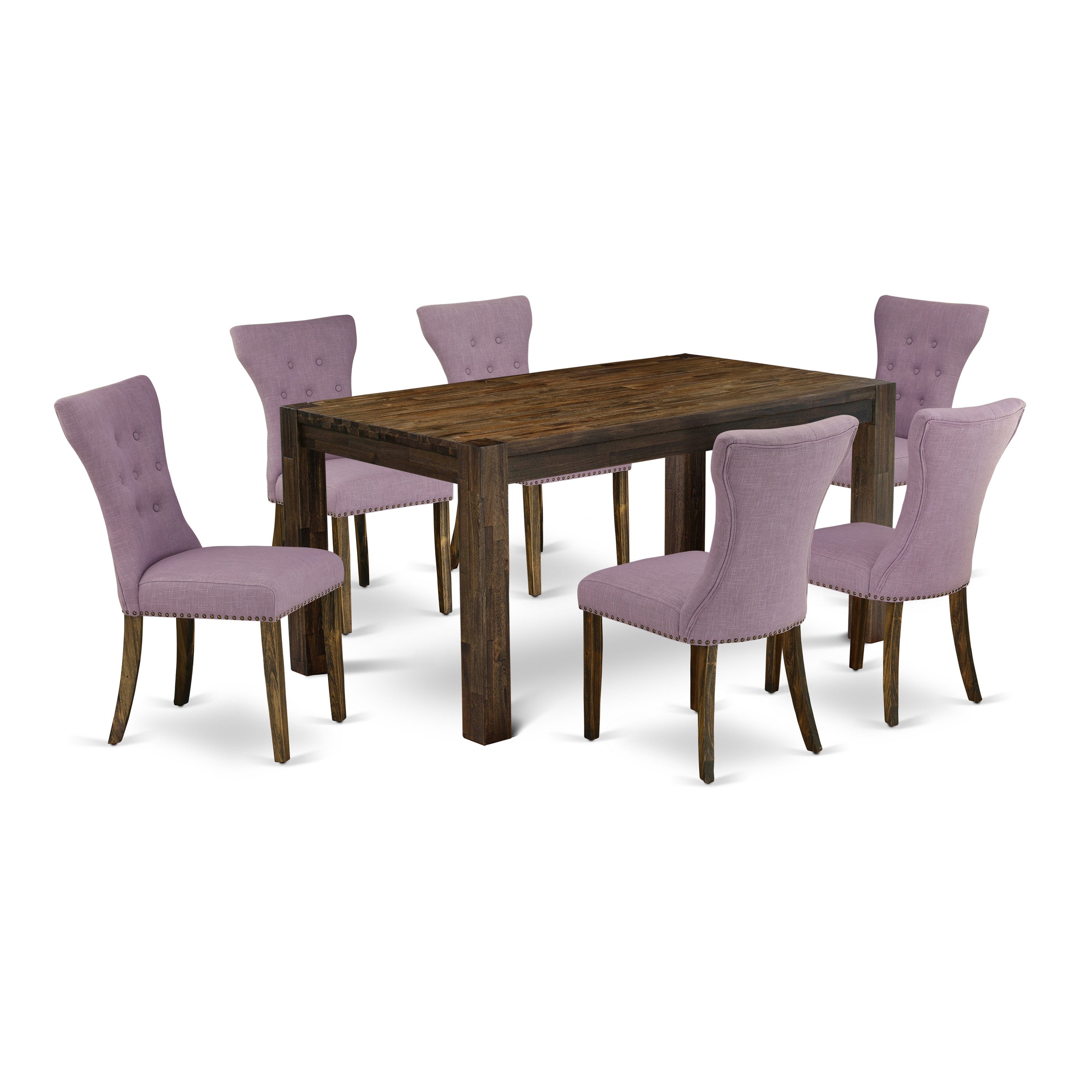 East West Furniture CNGA7-77-40 7-Pc Dining Room Table Set- 6 kitchen chairs with Dahlia Linen Fabric Seat and Button Tufted Chair Back - Kitchen Table (Distressed Jacobean Finish)