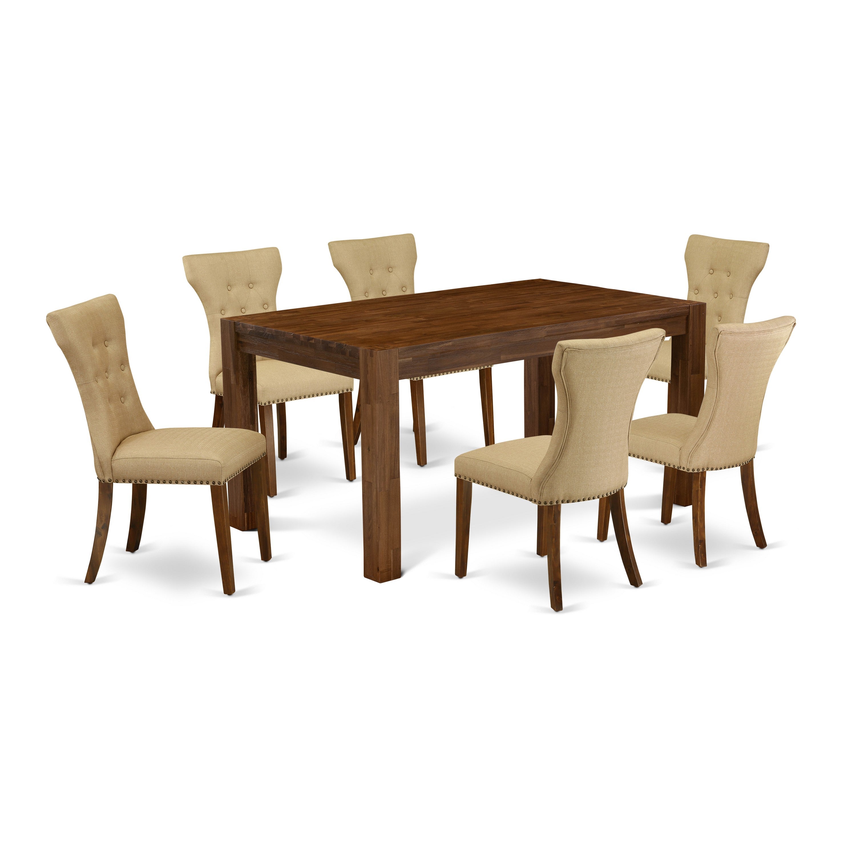 East West Furniture CNGA7-N8-03 7-Piece Dining Room Set- 6 Parson Chairs with Brown Linen Fabric Seat and Button Tufted Chair Back - Dining Room Table (Antique Walnut Finish)