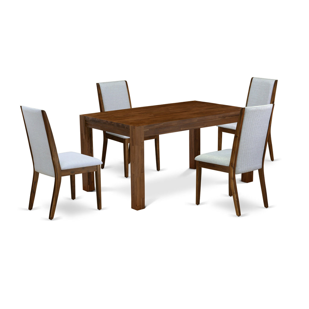 Juego de mesa de cocina de 5 piezas East West Furniture CNLA5-N8-05 para 4 personas. Incluye una mesa de comedor rectangular de madera rústica y 4 sillas tapizadas en tela de lino gris.