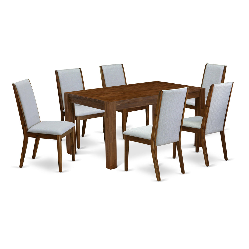 Juego de mesa de comedor moderna de 7 piezas East West Furniture CNLA7-N8-05 compuesto por una mesa rectangular de madera rústica y 6 sillas tapizadas en tela de lino gris.
