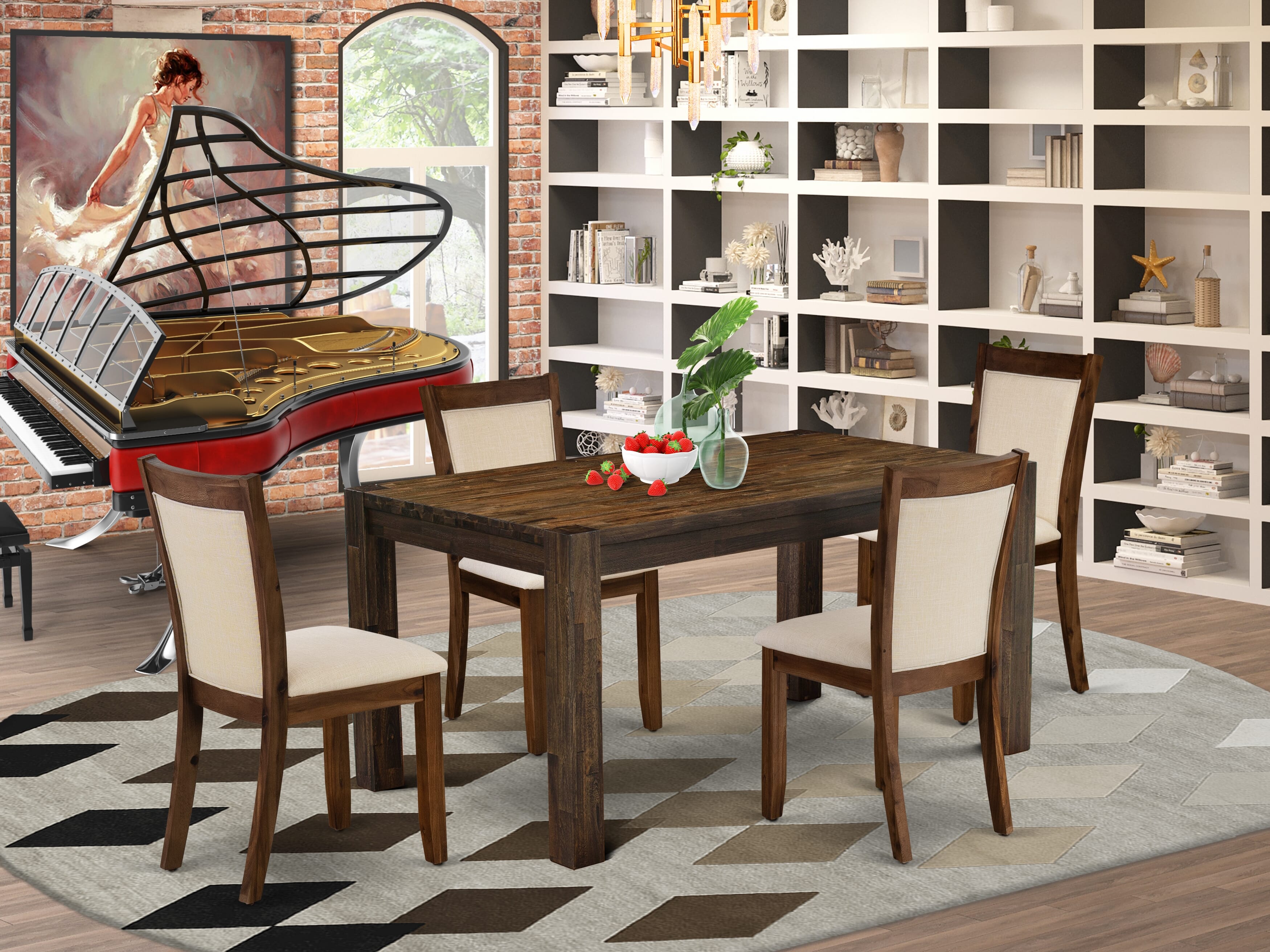 EAST WEST FURNITURE - CNMZ5-N7-32 - 5-Piece Dinner Table Set - A Mid Century Dining Table and 4 Light Beige Linen Fabric Padded Wood Dining Chairs with Stylish High Back � (Distressed Jacobean Finish)