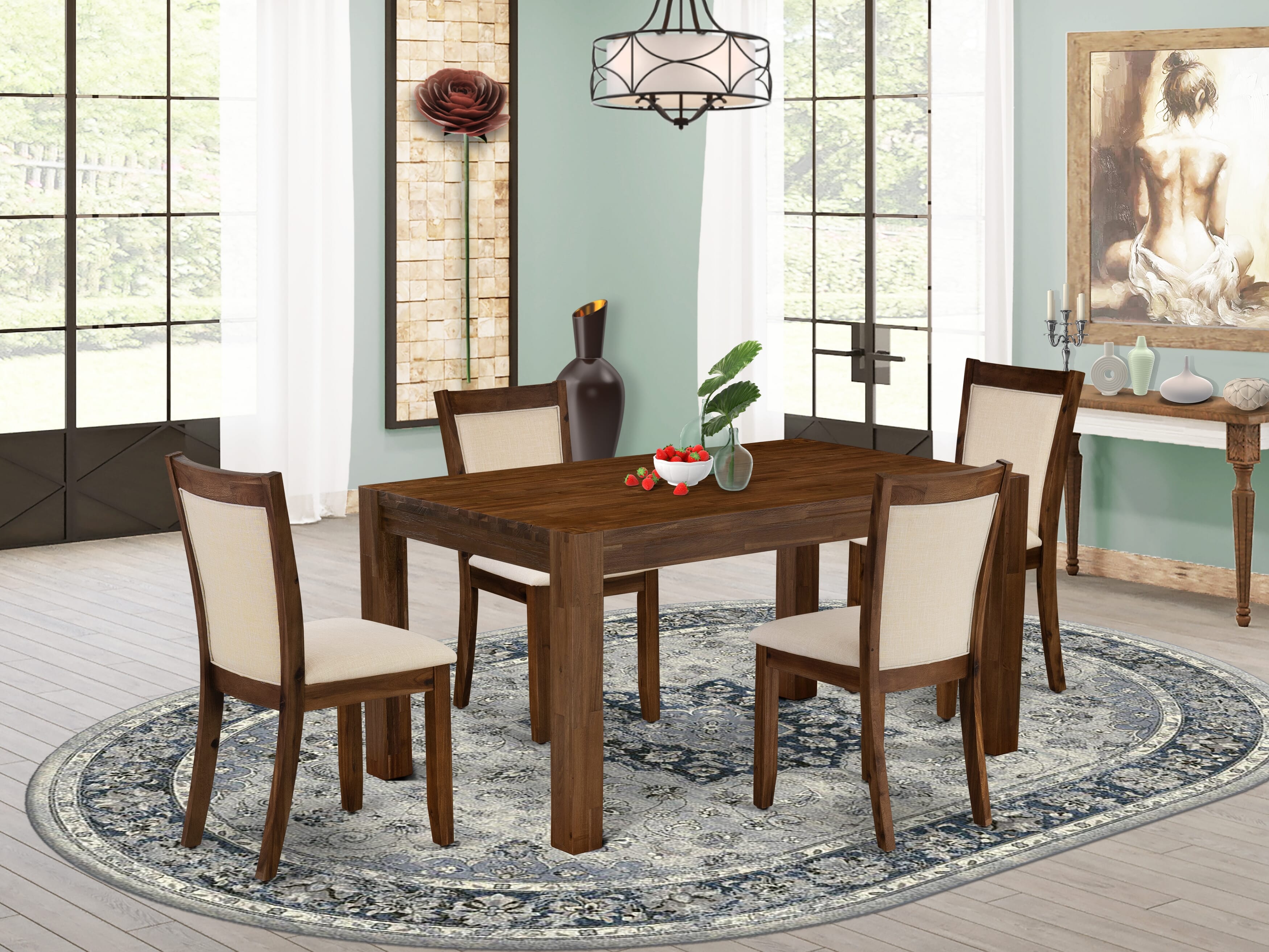 EAST WEST FURNITURE - CNMZ5-NN-32 - 5-Piece Dinner Table SetInclude A Wood Table and 4 Light Beige Linen Fabric Upholstered Chairs with Stylish High Back (Sand Blasting Antique Walnut Finish)