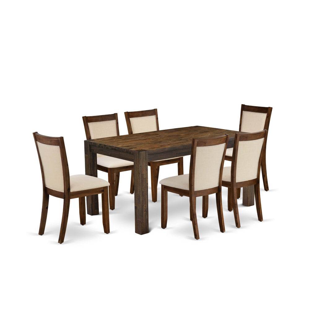 East West Furniture CNMZ7-N7-32 7 Piece Dining Room Table Set Consist of a Rectangle Rustic Wood Kitchen Table and 6 Light Beige Linen Fabric Parson Dining Chairs, 36x60 Inch, Walnut