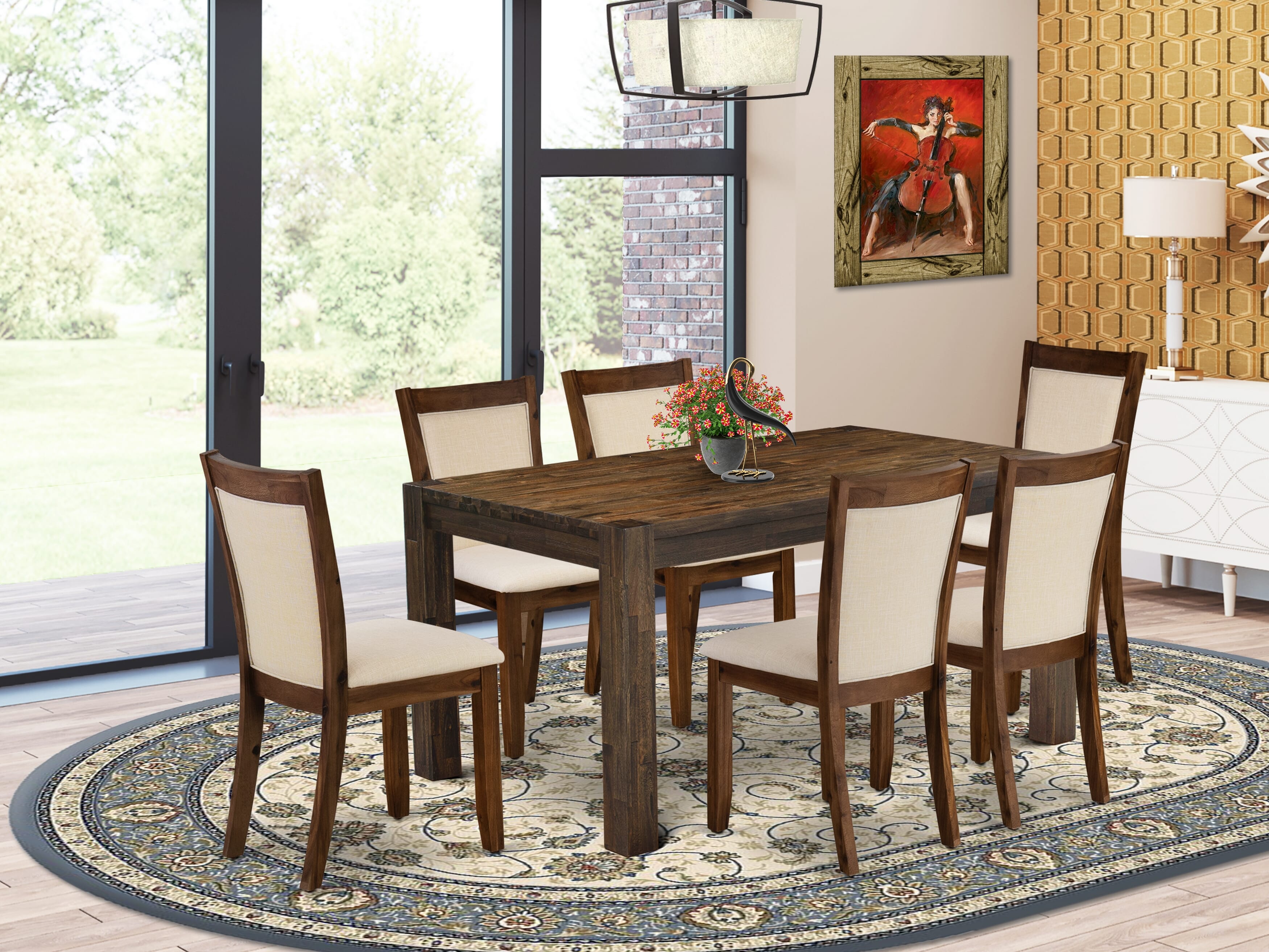 EAST WEST FURNITURE - CNMZ7-N7-32- 7-Piece Dining Table Set - A Wood Dining Table and 6 Gorgeous Light Beige Linen Fabric Padded Dining Chair with Stylish High Back � (Distressed Jacobean Finish)