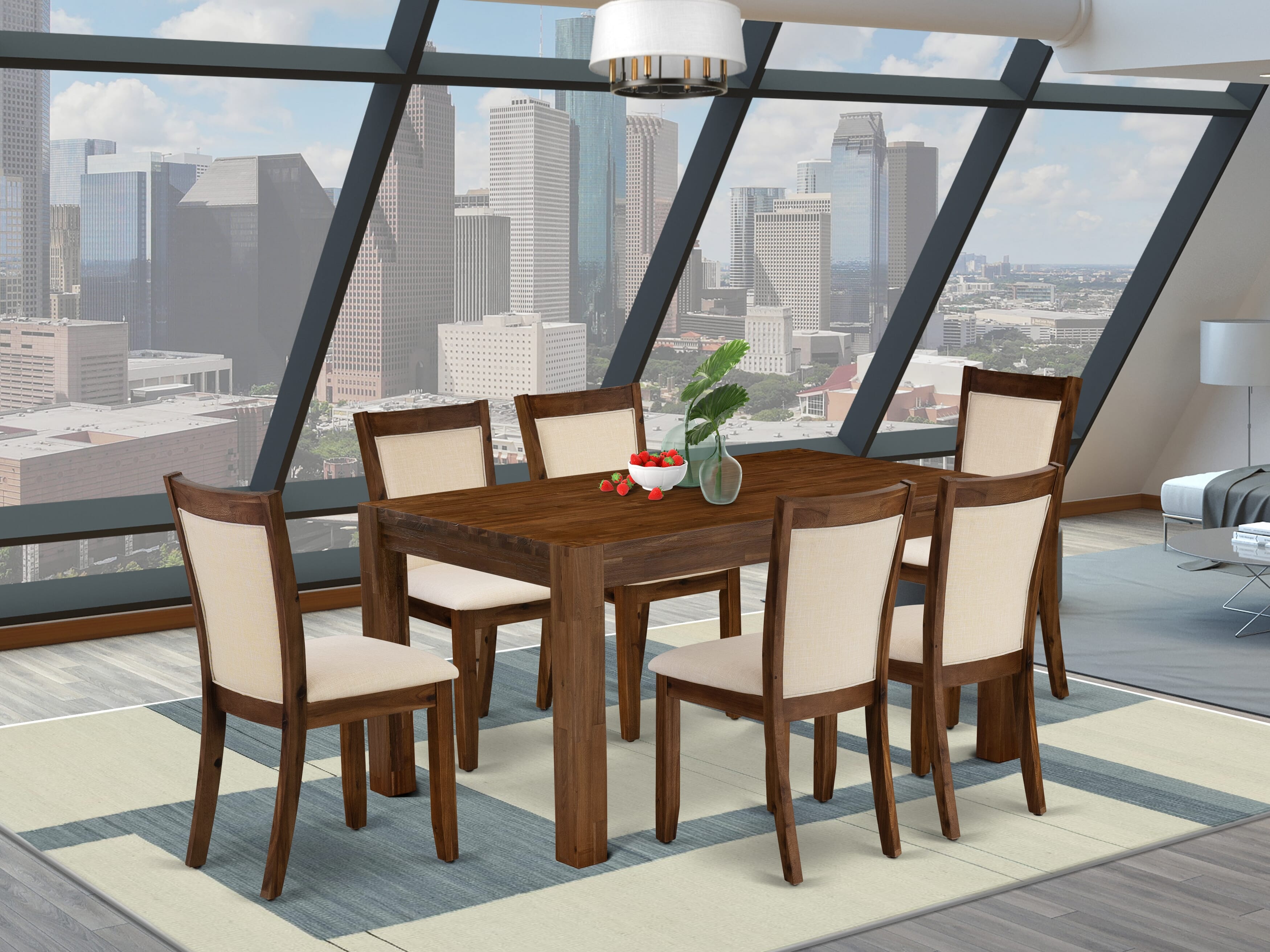 EAST WEST FURNITURE - CNMZ7-NN-32- 7-Pcs Dining Set - A Wood Dining Table and 6 Light Beige Linen Fabric Mid Century Chairs with Stylish High Back - (Sand Blasting Antique Walnut Finish)