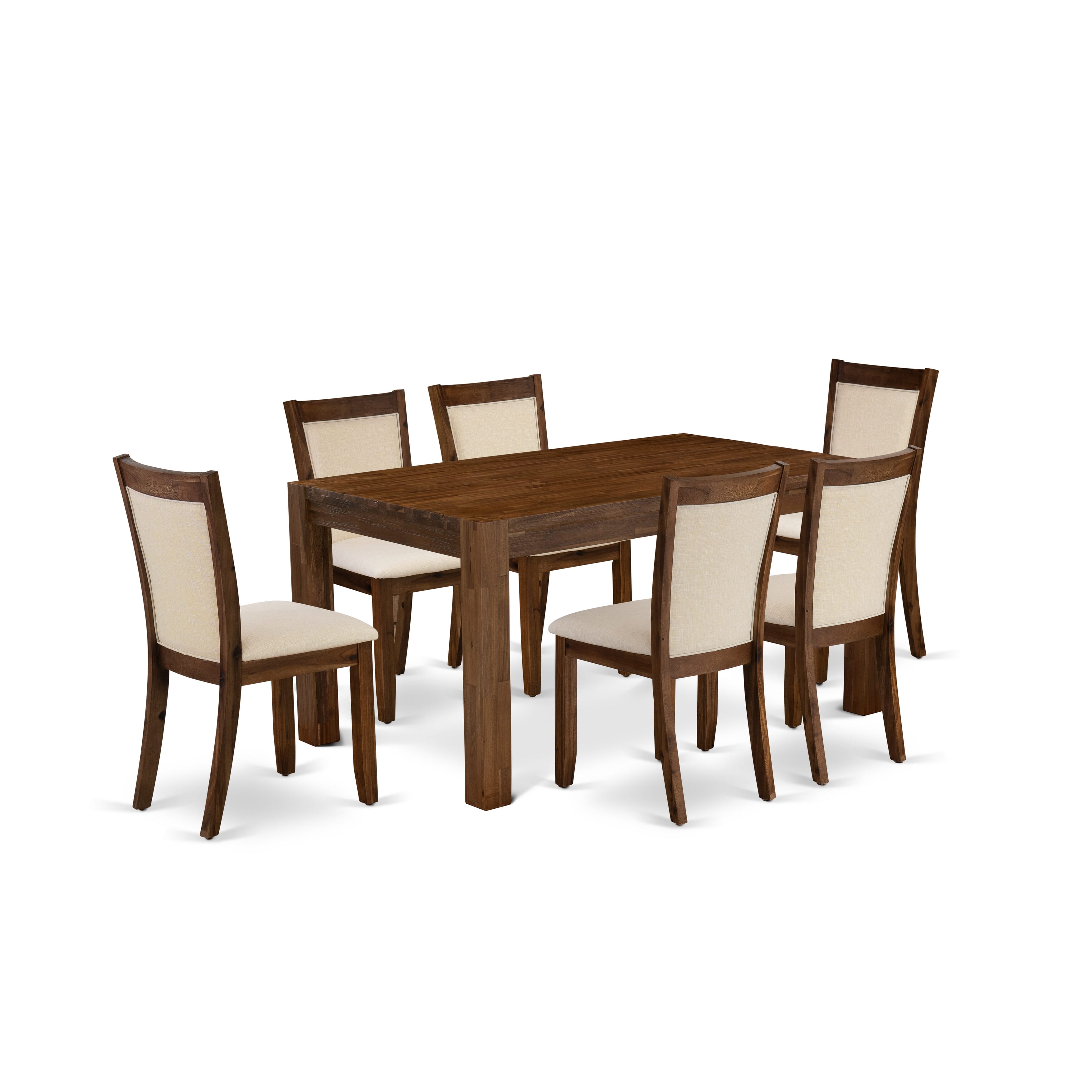 EAST WEST FURNITURE - CNMZ7-NN-32- 7-Pcs Dining Set - A Wood Dining Table and 6 Light Beige Linen Fabric Mid Century Chairs with Stylish High Back - (Sand Blasting Antique Walnut Finish)