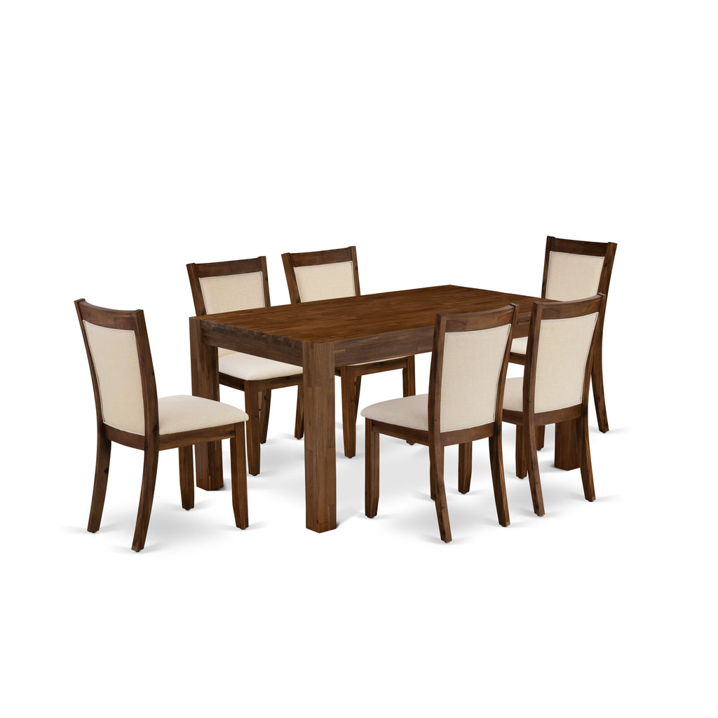 East West Furniture CNMZ7-NN-32 7 Piece Modern Dining Table Set Consist of a Rectangle Rustic Wood Wooden Table and 6 Light Beige Linen Fabric Upholstered Chairs, 36x60 Inch, Walnut