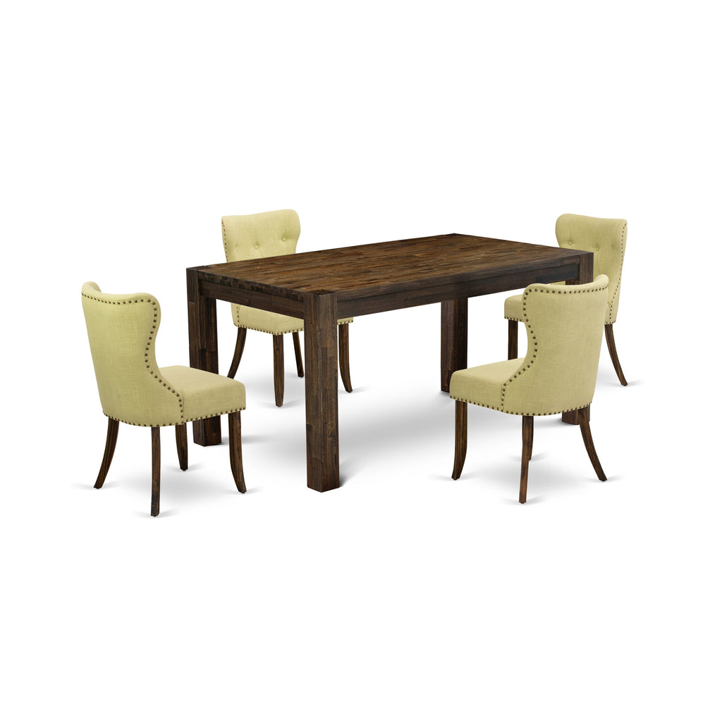 Juego de comedor de 5 piezas East West Furniture CNSI5-77-37. Incluye una mesa de comedor rectangular de madera rústica y 4 sillas tapizadas en tela de lino Limelight.
