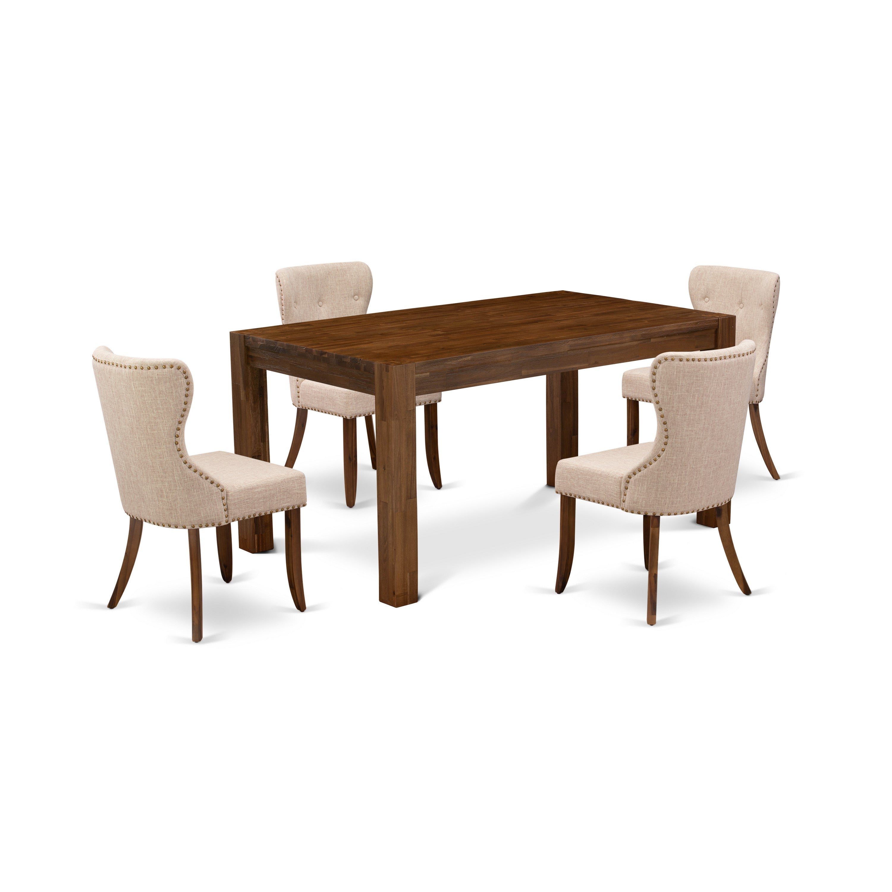 East West Furniture CNSI5-N8-04 5-Pc Dining Room Table Set- 4 Parson Dining Chairs with Light Tan Linen Fabric Seat and Button Tufted Chair Back - Rectangular Table (Antique Walnut Finish)