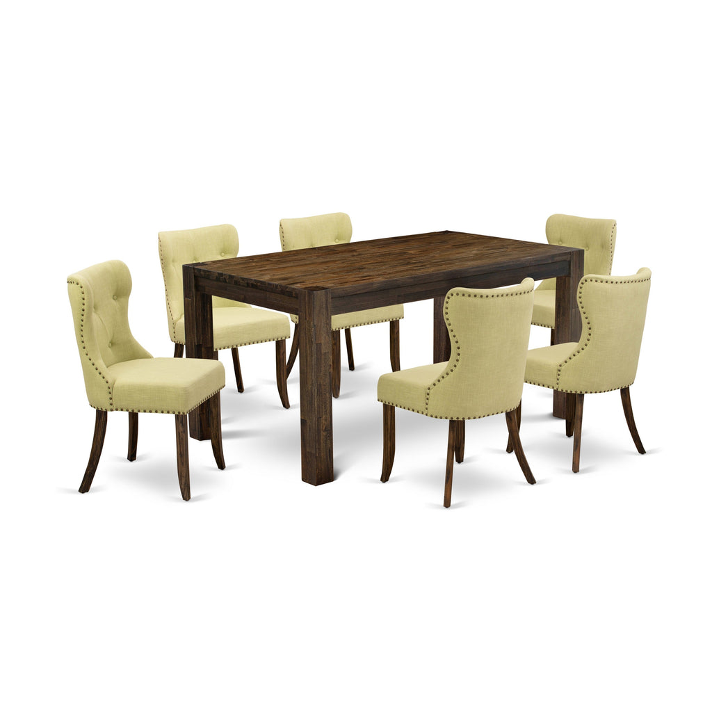 Juego de comedor de 7 piezas East West Furniture CNSI7-77-37 compuesto por una mesa de comedor rectangular de madera rústica y 6 sillas Parson tapizadas en tela de lino Limelight