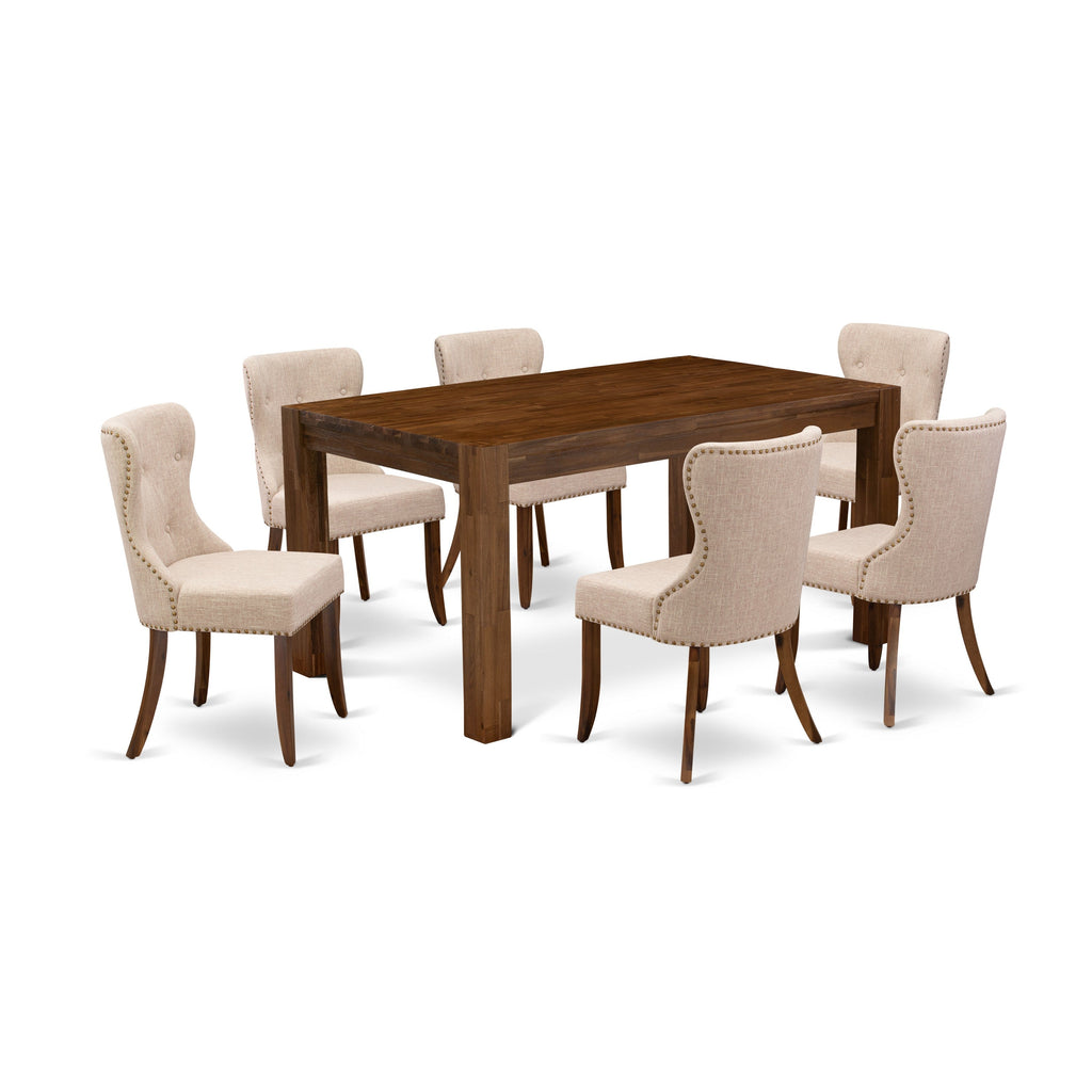 East West Furniture CNSI7-N8-04 7 Piece Modern Dining Table Set Consist of a Rectangle Rustic Wood Wooden Table and 6 Light Tan Linen Fabric Upholstered Chairs