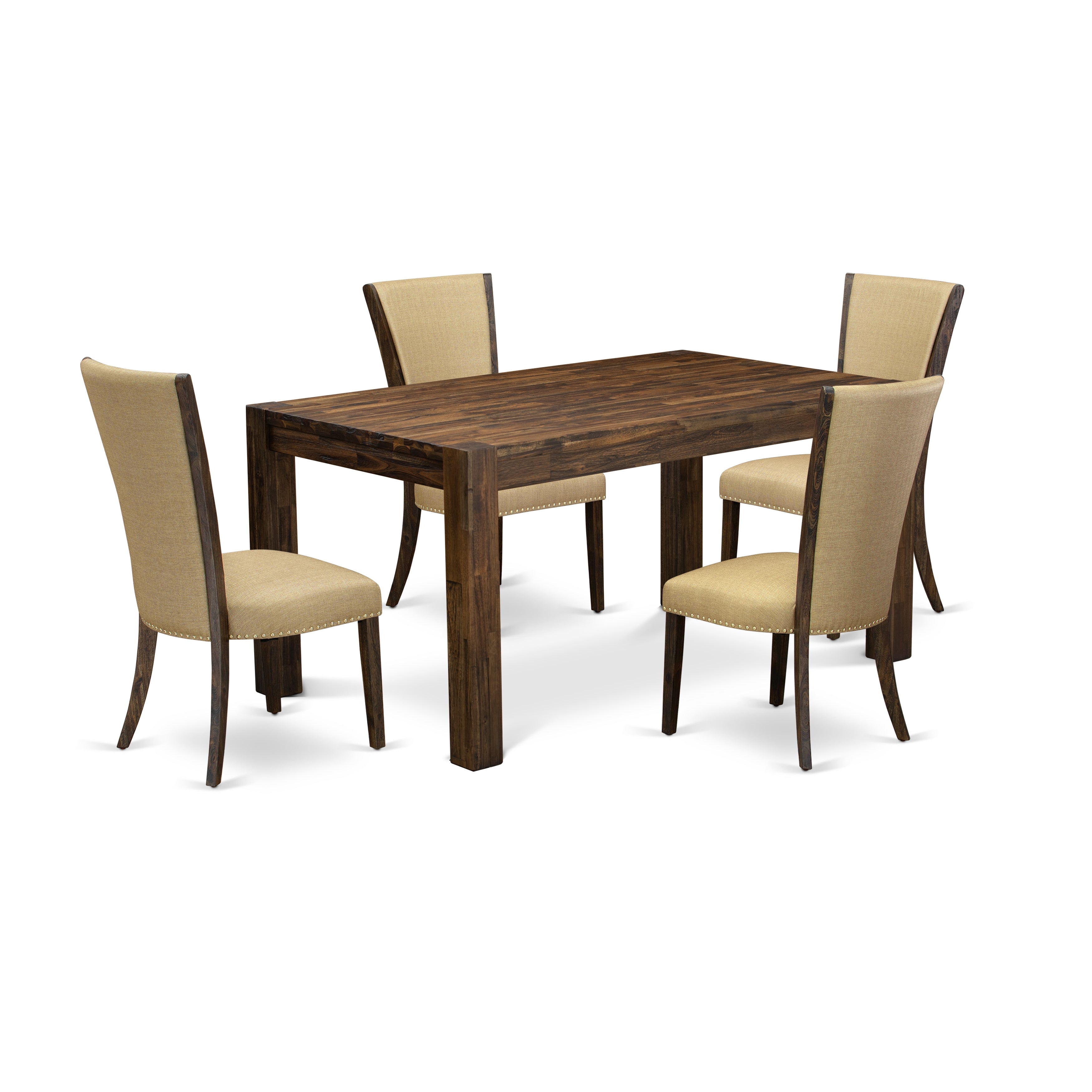 EAST WEST FURNITURE - CNVE5-77-03 - 5-Pc Dining Room Set- 4 Parson Dining Chairs and Modern dining room table - Brown Linen Fabric Seat and High Chair Back (Distressed Jacobean Finish)