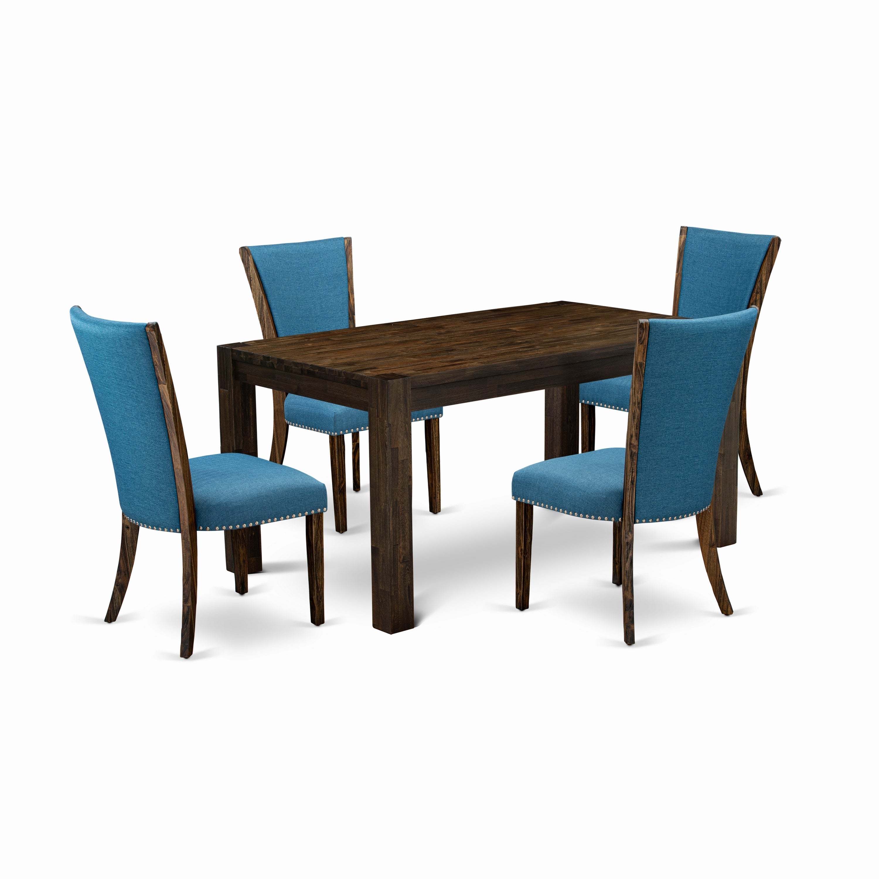 El juego de mesa de comedor de 5 piezas CNVE5-77-21 de East West Furniture incluye una mesa de comedor rectangular de madera rústica y 4 sillas Parsons de tela de lino de color azul.