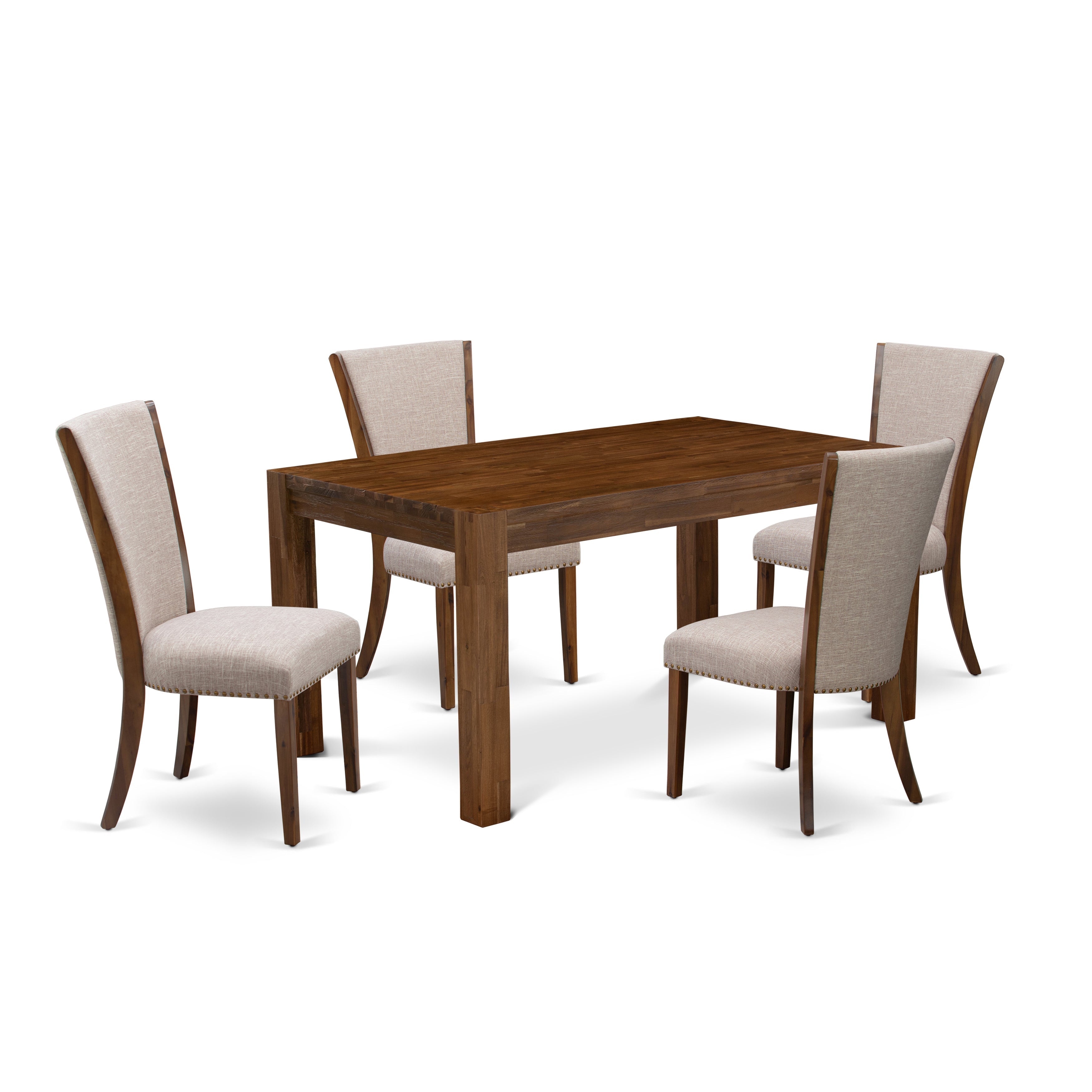 EAST WEST FURNITURE - CNVE5-N8-04 - 5-Pc Modern Dining Table Set- 4 Parson Dining Chairs and Dining Room Table - Light Tan Linen Fabric Seat and High Chair Back (Antique Walnut Finish)