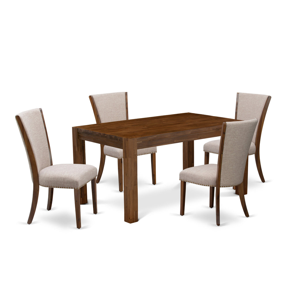 EAST WEST FURNITURE - CNVE5-N8-04 - 5-Pc Modern Dining Table Set- 4 Parson Dining Chairs and Dining Room Table - Light Tan Linen Fabric Seat and High Chair Back (Antique Walnut Finish)