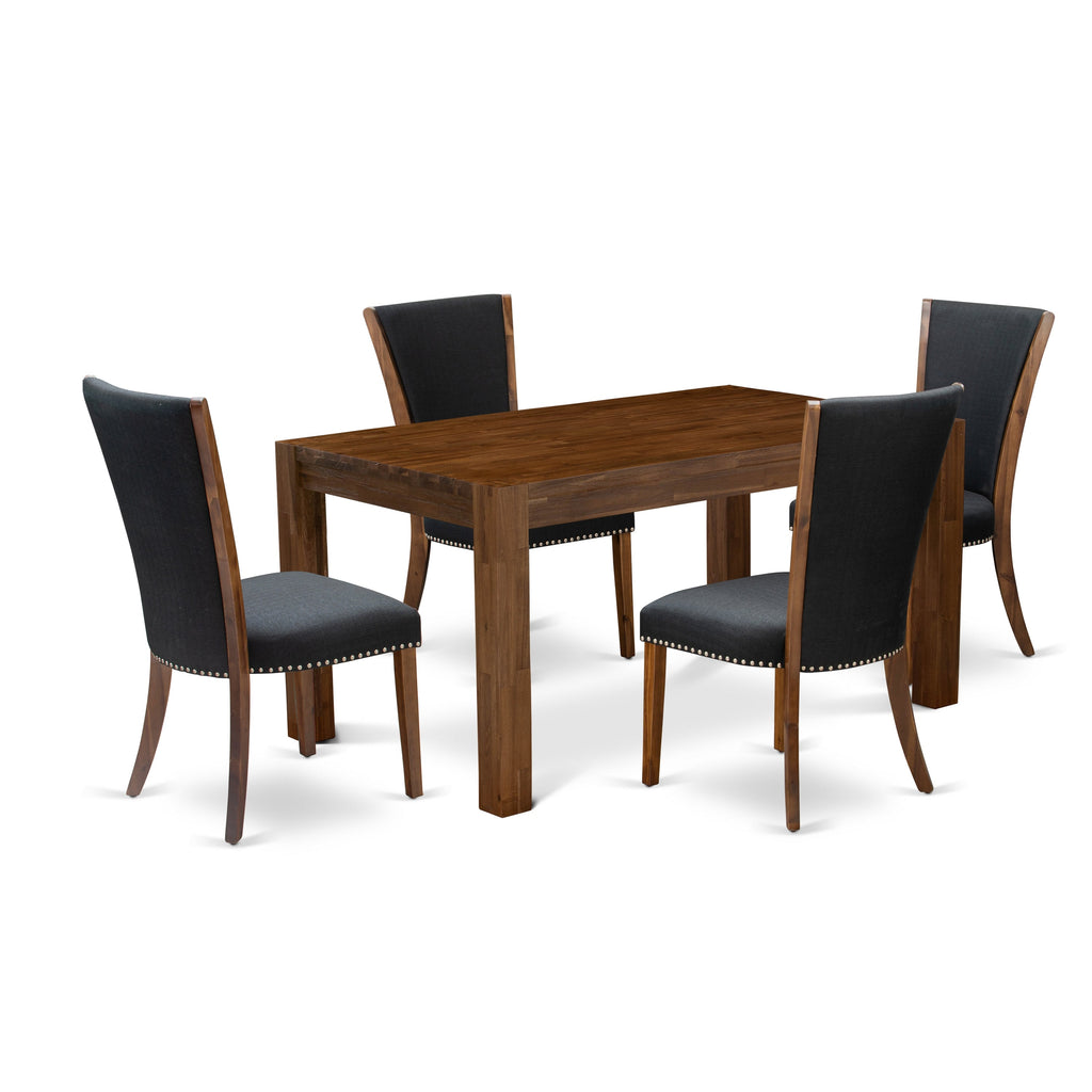 East West Furniture CNVE5-N8-24 5 Piece Modern Dining Table Set Includes a Rectangle Rustic Wood Wooden Table and 4 Black Color Linen Fabric Upholstered Chairs