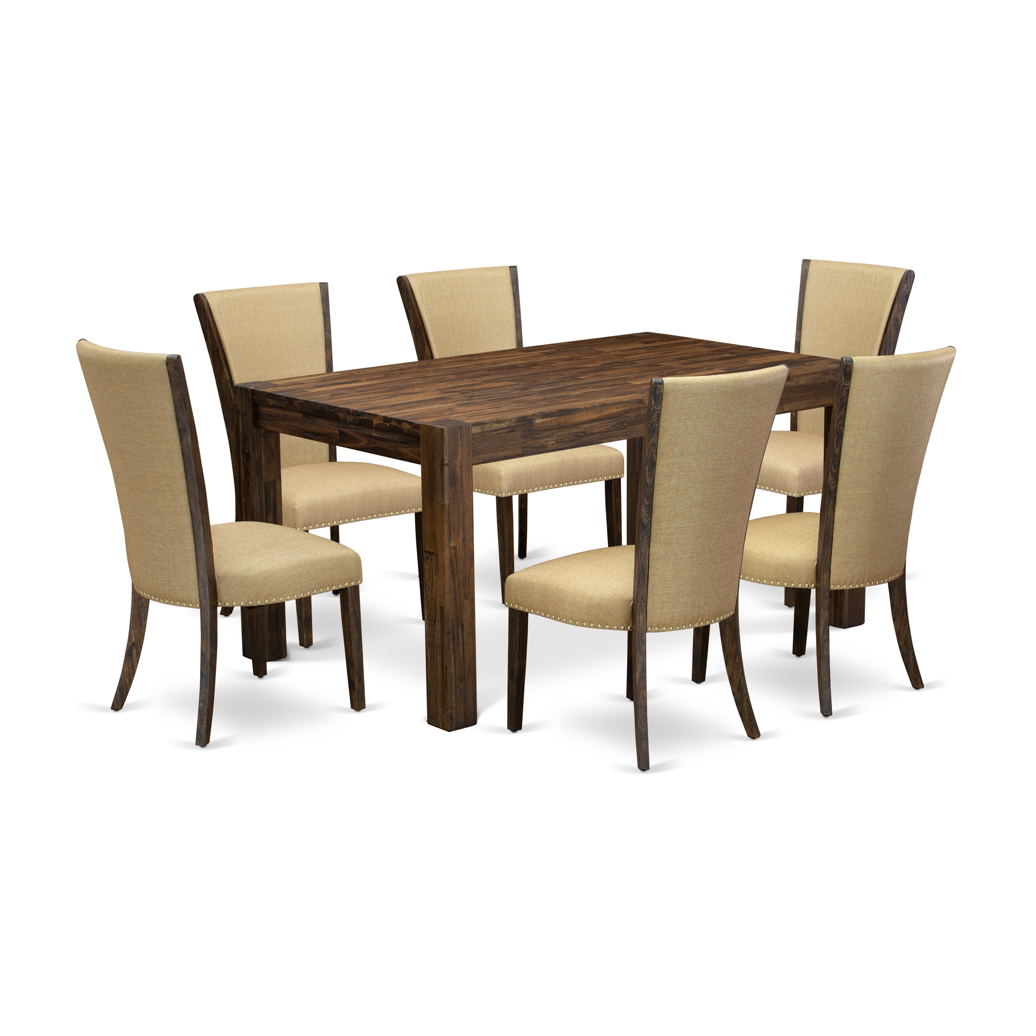 EAST WEST FURNITURE - CNVE7-77-03 - 7-Pc Modern Dining Table Set- 6 Parson Dining Chairs and Dining Table - Brown Linen Fabric Seat and Stylish Chair Back (Distressed Jacobean Finish)