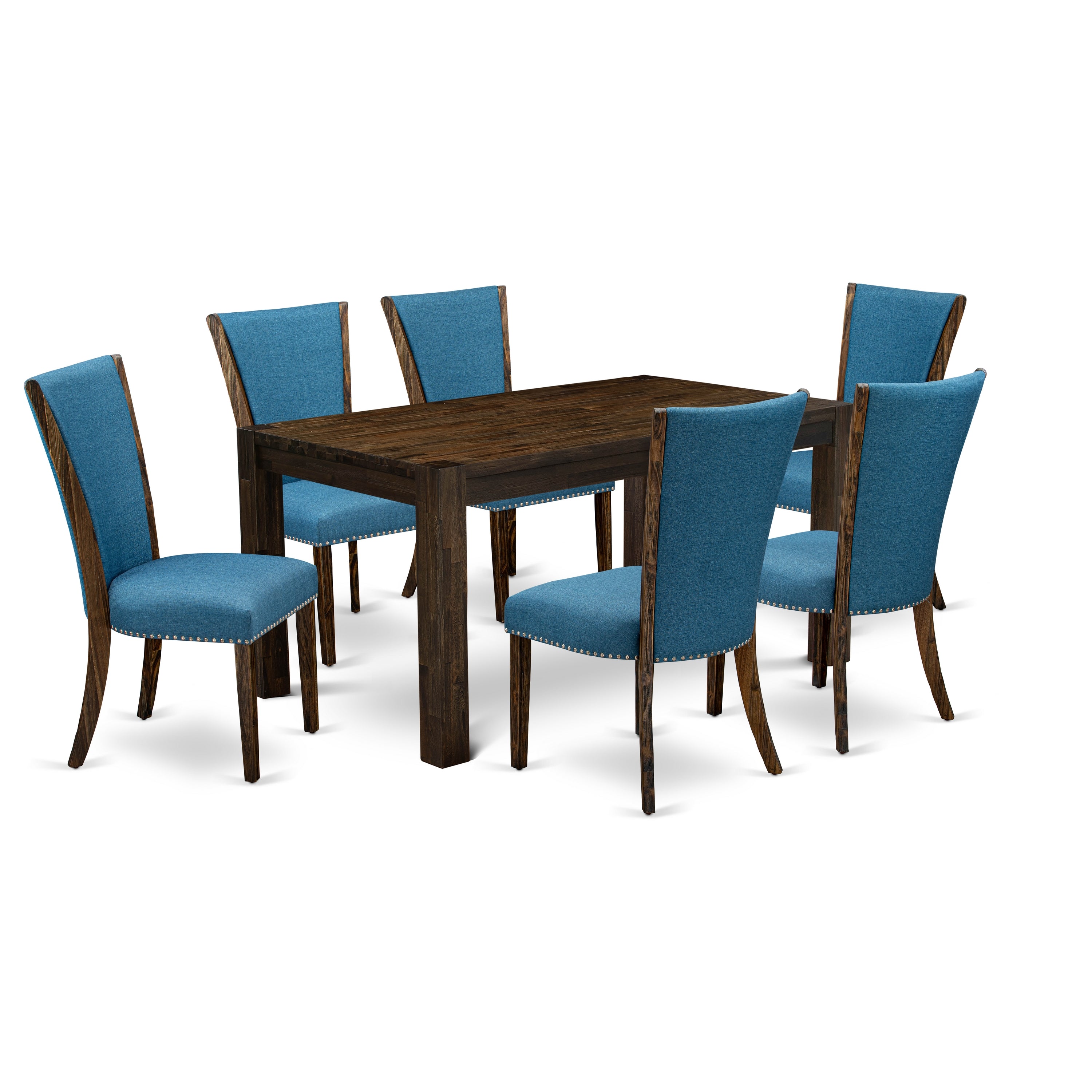 EAST WEST FURNITURE - CNVE7-77-21 - 7-Pc Dining Room Set- 6 Mid Century Dining Chairs and Kitchen Table - Blue Linen Fabric Seat and High Chair Back (Distressed Jacobean Finish)