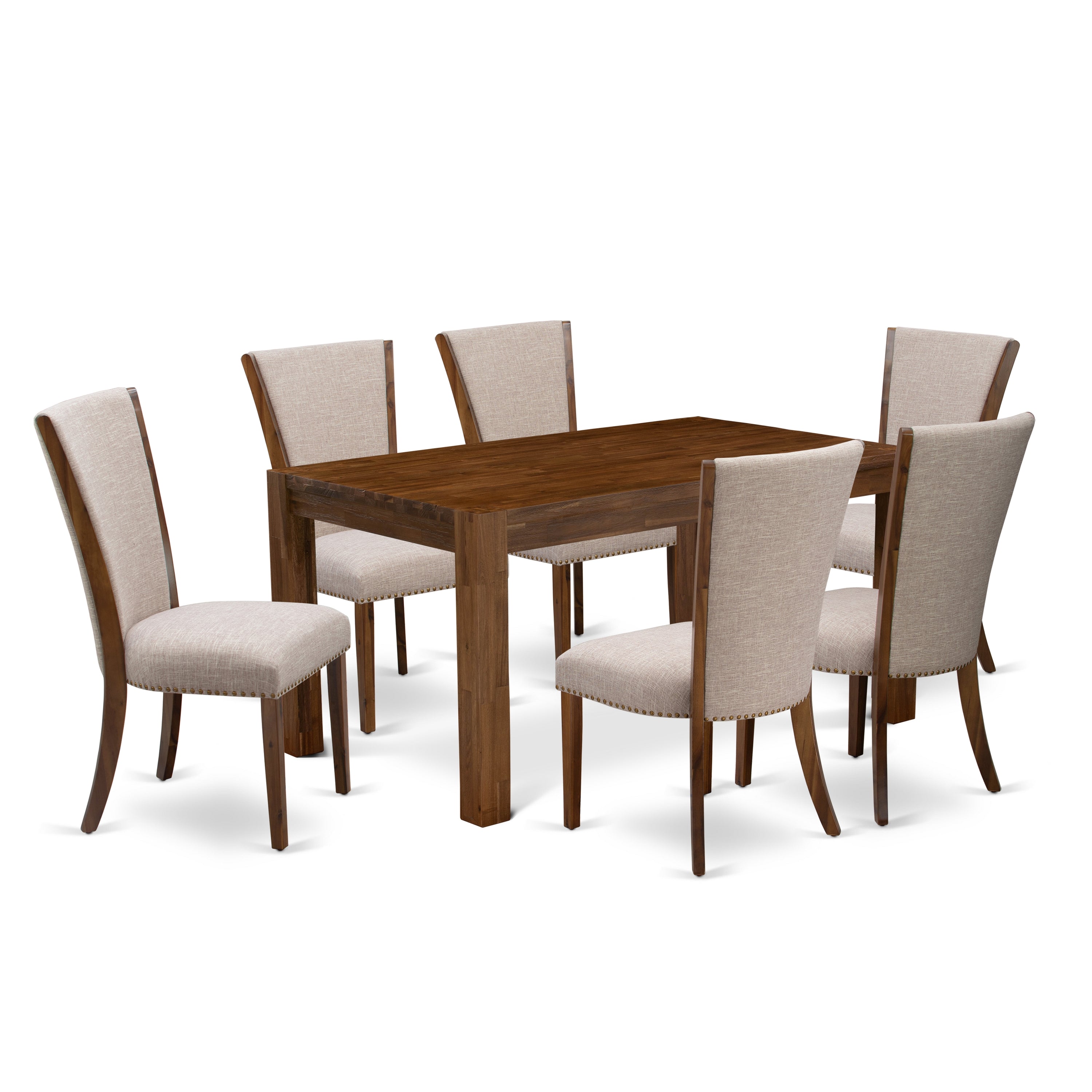 Juego de mesa de comedor moderna de 7 piezas East West Furniture CNVE7-N8-04 compuesto por una mesa rectangular de madera rústica y 6 sillas tapizadas en tela de lino color tostado claro.