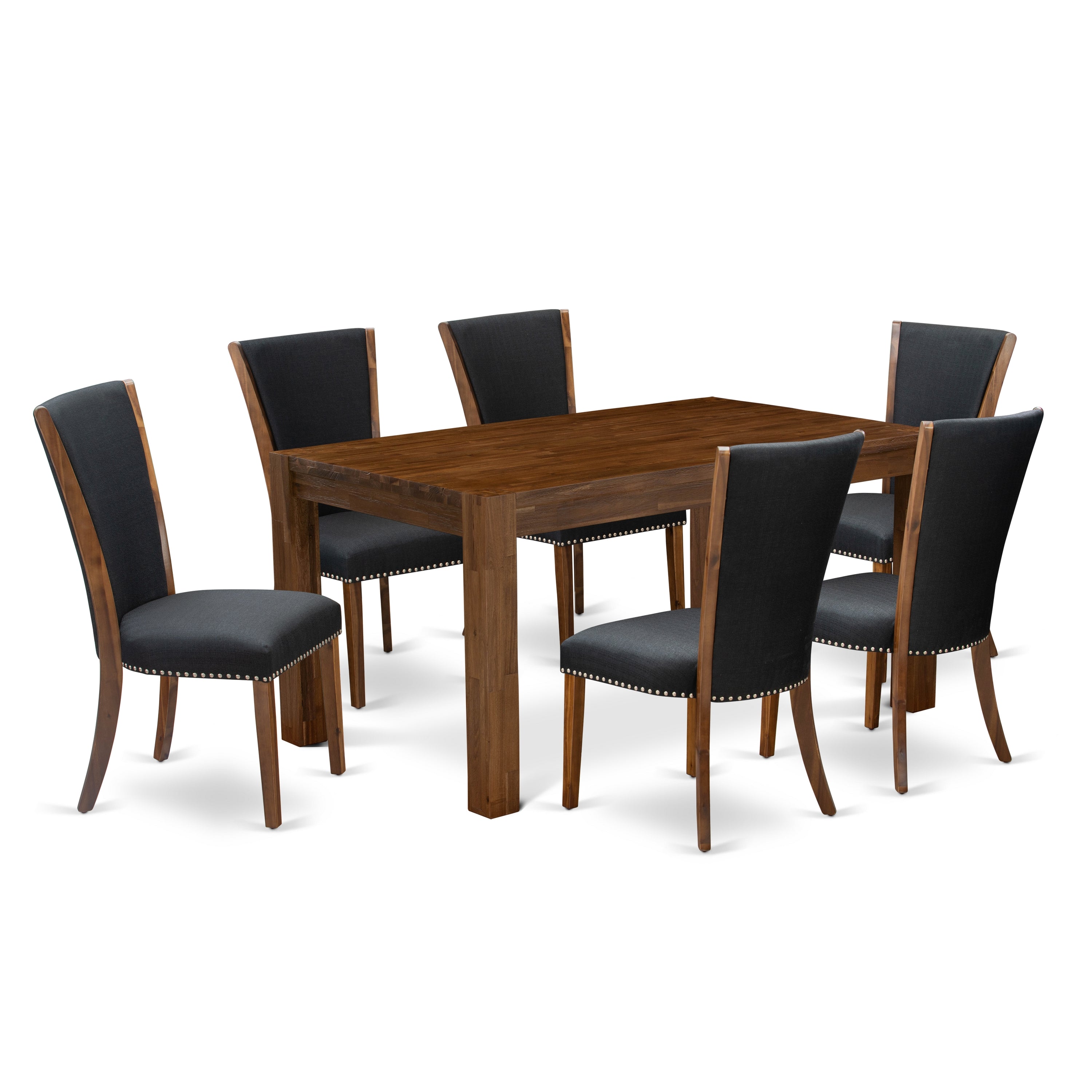 EAST WEST FURNITURE - CNVE7-N8-24 - 7-Pc Dining Room Table Set- 6 kitchen chairs and Modern Kitchen Table - Black Linen Fabric Seat and High Chair Back (Antique Walnut Finish)