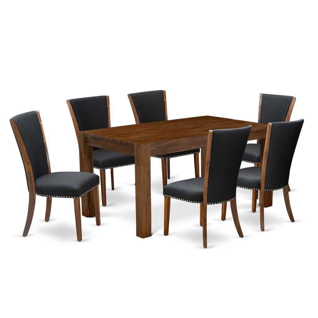 East West Furniture CNVE7-N8-24 7 Piece Dinette Set Consist of a Rectangle Rustic Wood Dining Room Table and 6 Black Color Linen Fabric Upholstered Chairs