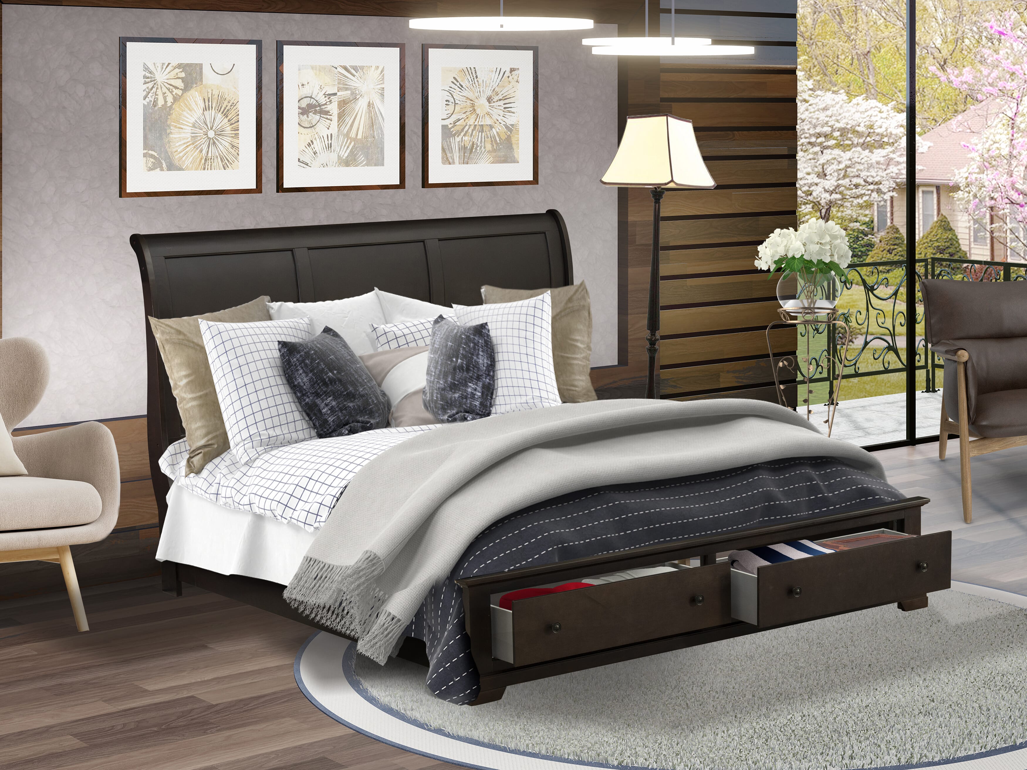 Cama de plataforma Cordova King de East West Furniture CO21-K00000 con acabado en nogal cepillado