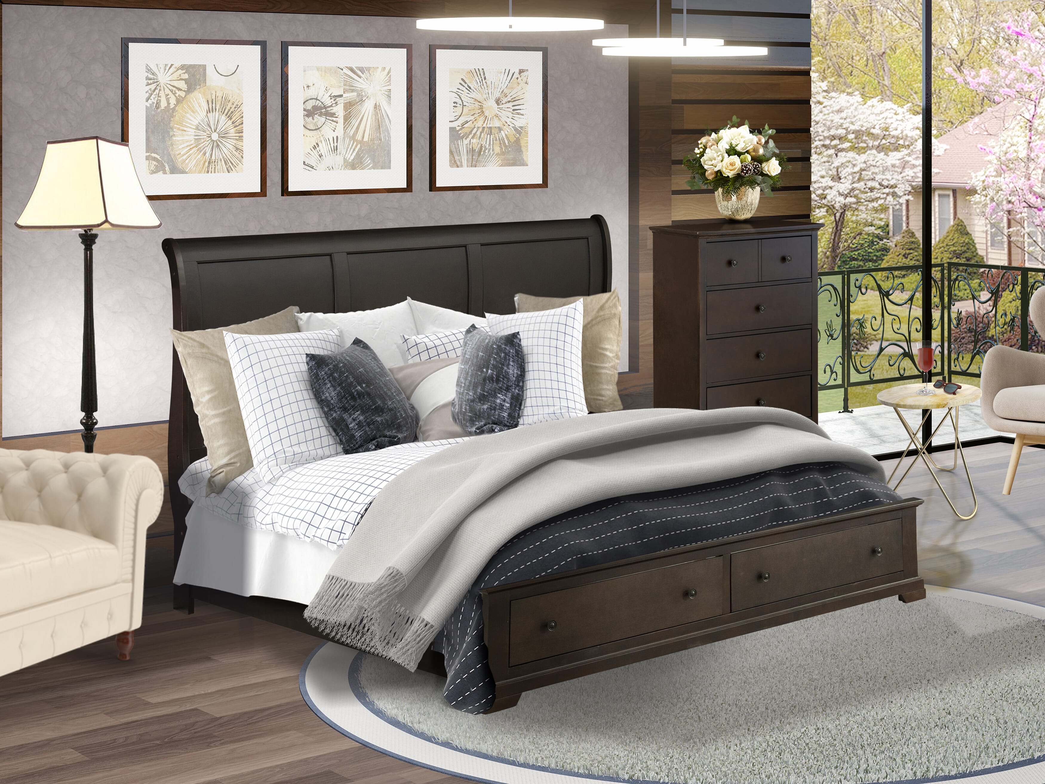Juego de dormitorio de 2 piezas East West Furniture CO21-K0000C con cabecero de lujo, estructura de madera y cómoda con cajones, acabado nogal cepillado.