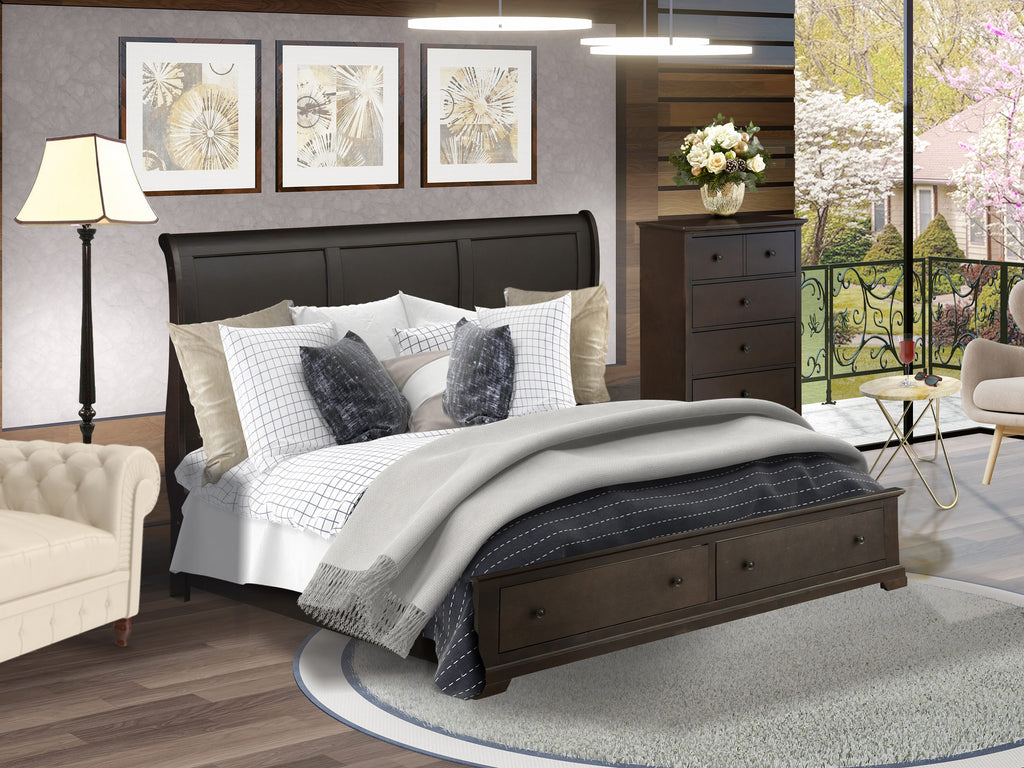 East West Furniture CO21-K0000C 2 Piece Bed Room Set with Luxurious Style Headboard Wood Bed Frame and a Drawer Chest - Wire Brushed Walnut Finish