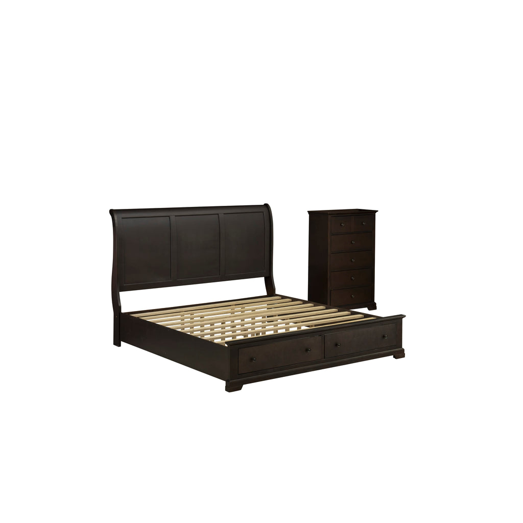 East West Furniture CO21-K0000C 2 Piece Bed Room Set with Luxurious Style Headboard Wood Bed Frame and a Drawer Chest - Wire Brushed Walnut Finish
