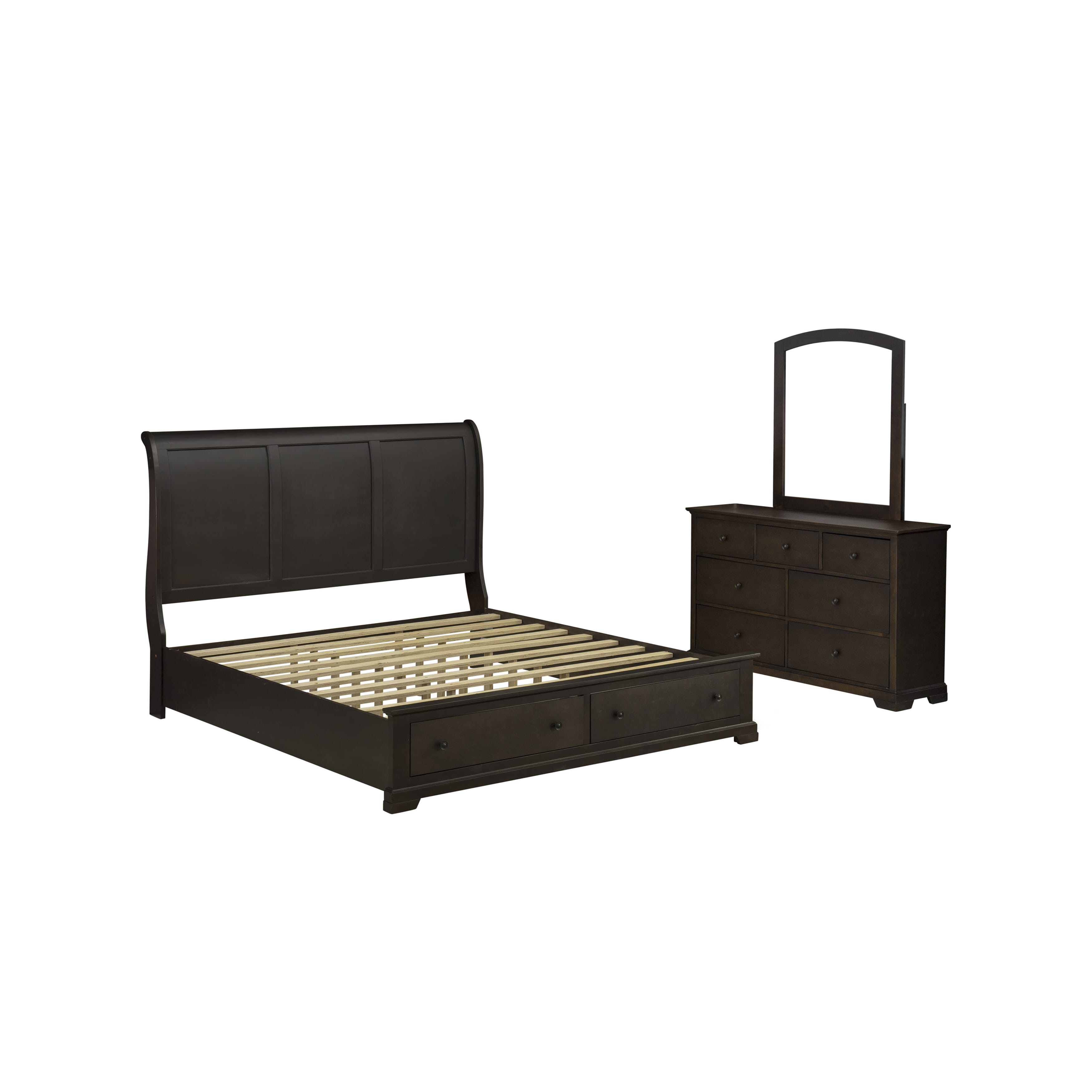 EAST WEST FURNITURE - CO21-K00DM0 - 3 Pc King Bed Set with Modern Style Headboard Modern Bed Frame, Mid Century Dresser, and Wood Mirror - Wire Brushed Walnut Finish