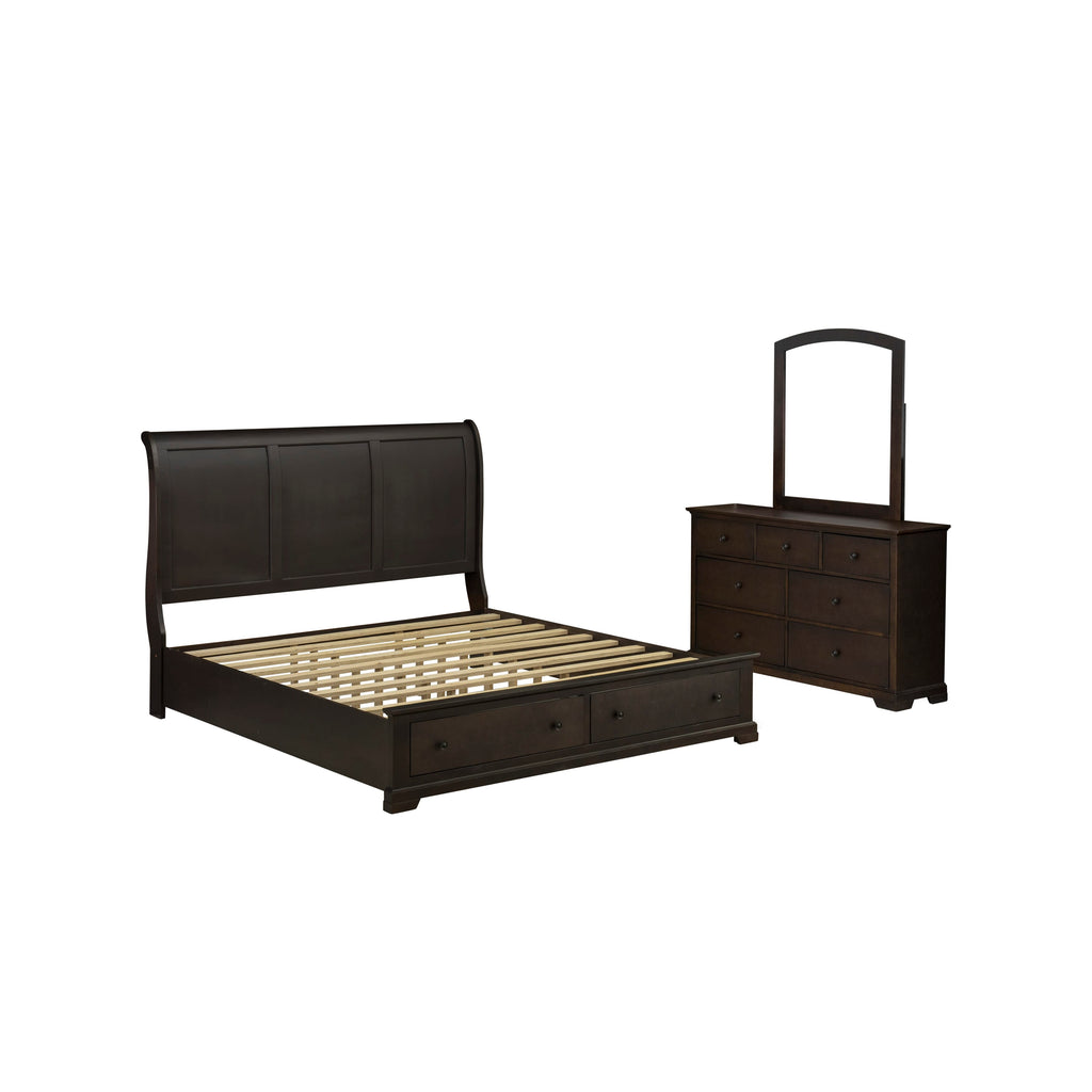East West Furniture CO21-K00DM0 3 Pc King Bed Set with Modern Style Headboard Modern Bed Frame, Mid Century Dresser, and Wood Mirror - Wire Brushed Walnut Finish