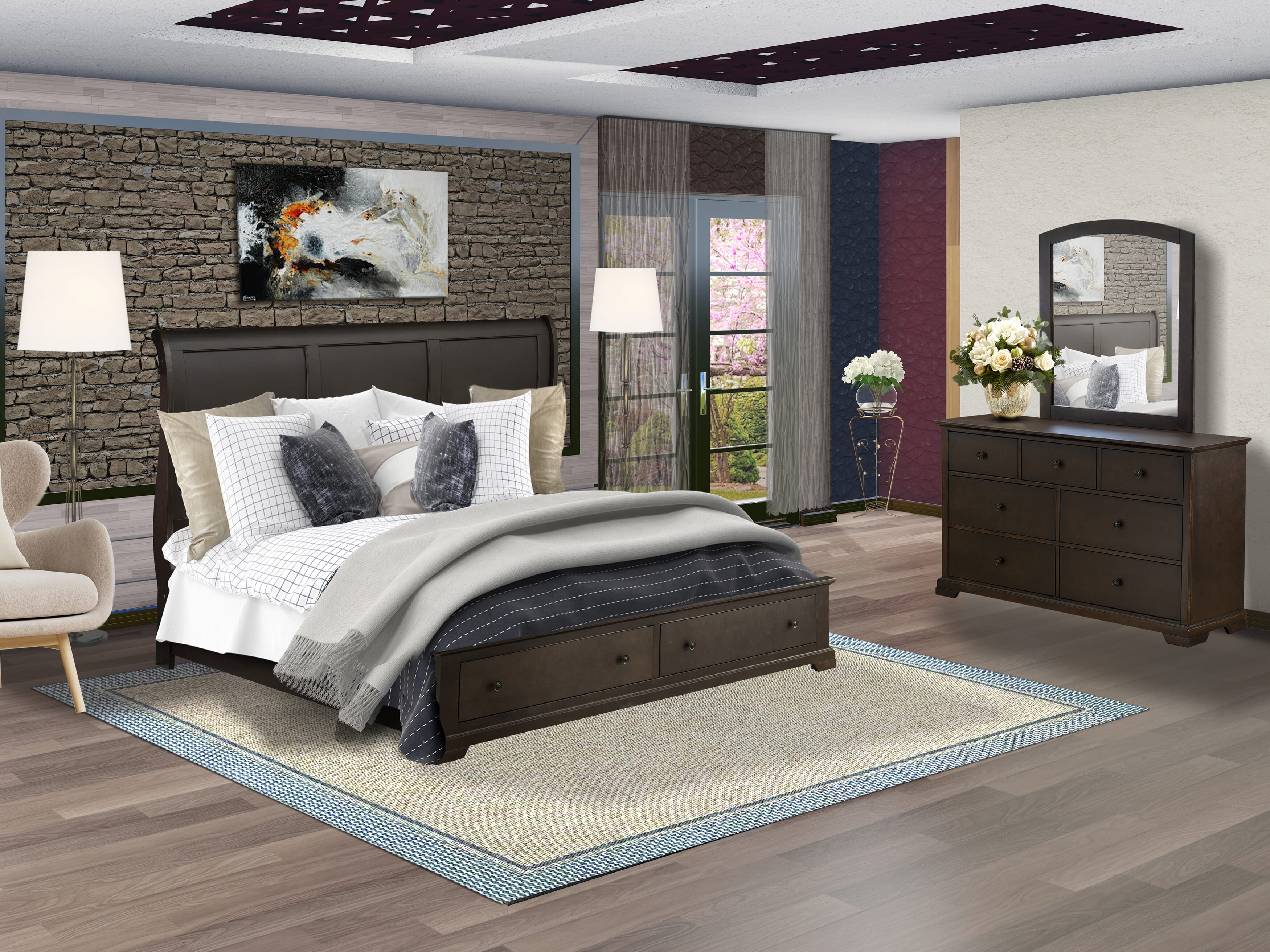EAST WEST FURNITURE - CO21-K00DM0 - 3 Pc King Bed Set with Modern Style Headboard Modern Bed Frame, Mid Century Dresser, and Wood Mirror - Wire Brushed Walnut Finish