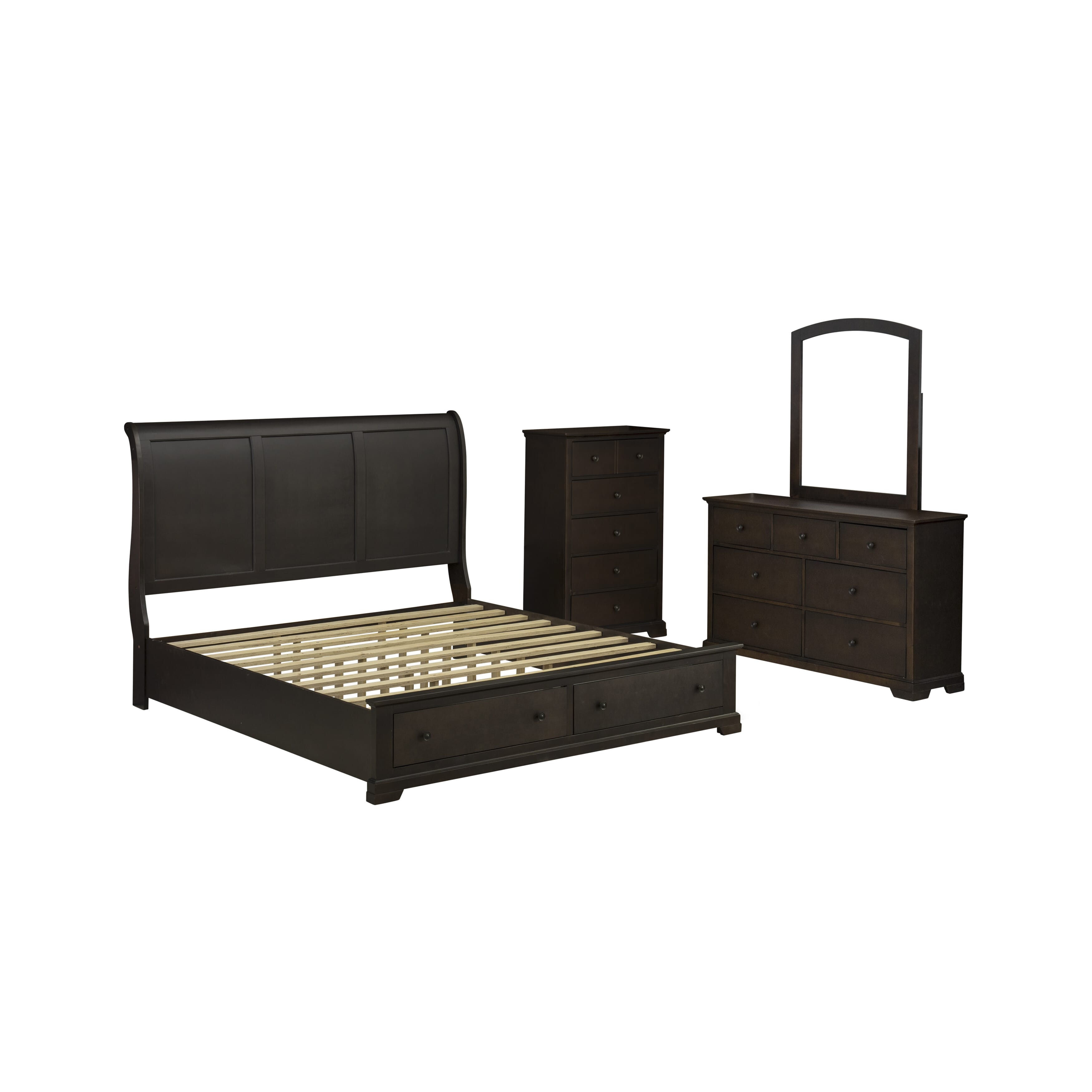 EAST WEST FURNITURE - CO21-K00DMC - Cordova 4 Pc Bedroom Set with Modern Style Headboard King Bed, Mid Century Modern Dresser, Framed Mirror, and Wooden Chest of Drawers - Wire Brushed Walnut Finish