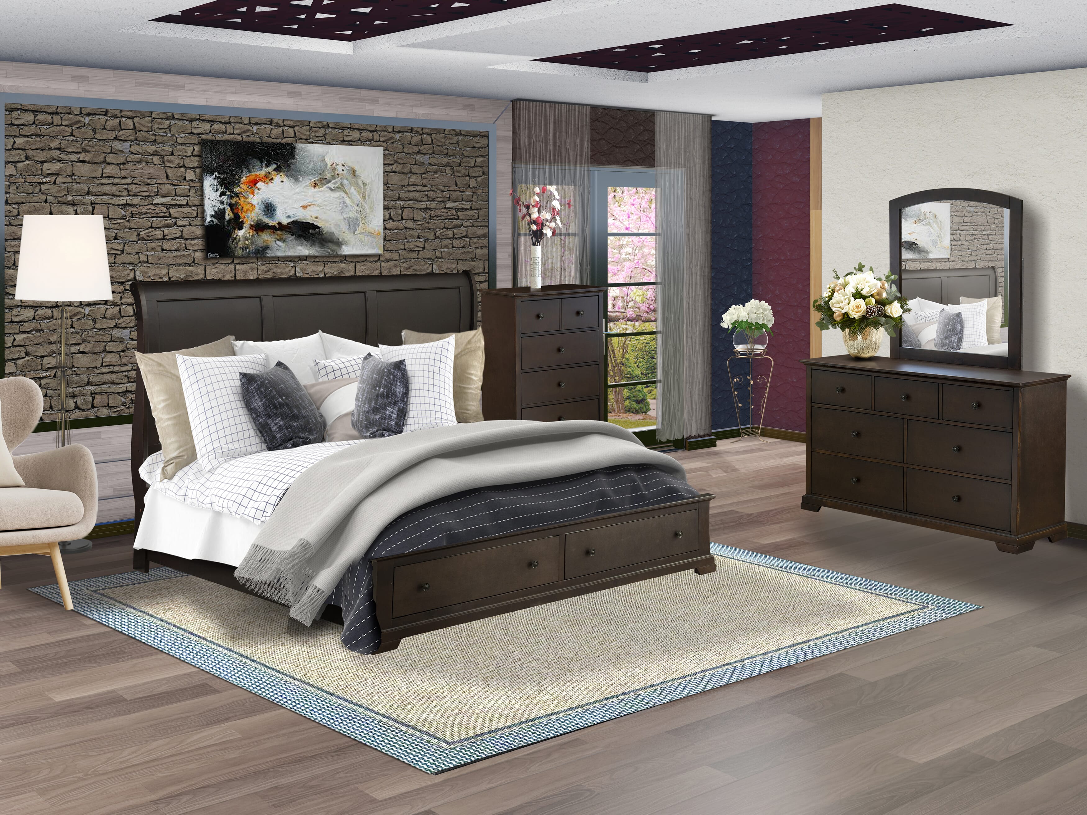 EAST WEST FURNITURE - CO21-K00DMC - Cordova 4 Pc Bedroom Set with Modern Style Headboard King Bed, Mid Century Modern Dresser, Framed Mirror, and Wooden Chest of Drawers - Wire Brushed Walnut Finish