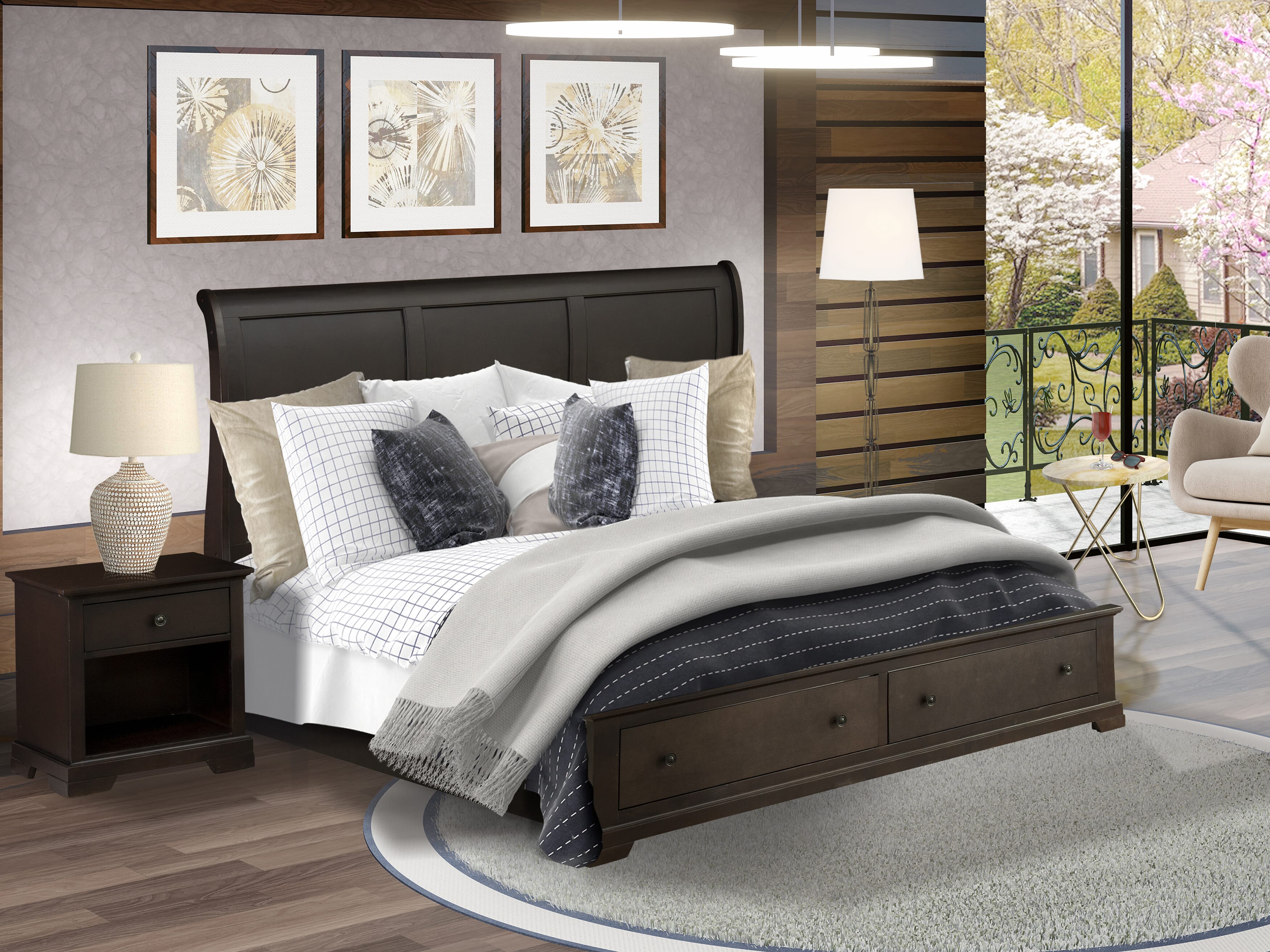 EAST WEST FURNITURE - CO21-K1N000 - 2 Pc King Bedroom Set with Luxurious Style Headboard Wooden Bed Frame, and 1 Bedroom Nightstand - Wire Brushed Walnut Finish