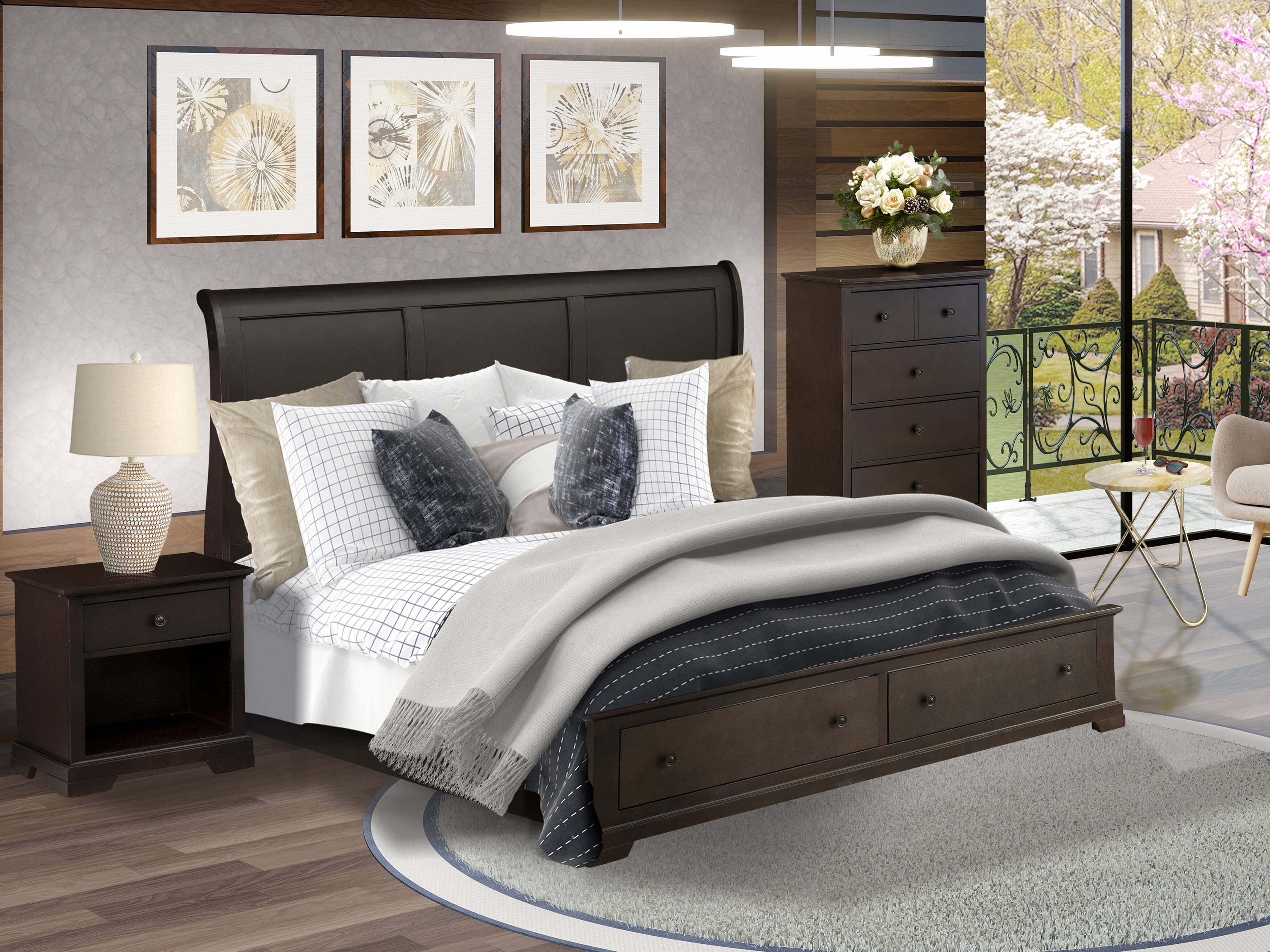 EAST WEST FURNITURE - CO21-K1N00C - 3 Pc King Size Bedroom Set with Luxurious Style Headboard King Bed, Wood Chest and 1 Walnut Nightstand - Wire Brushed Walnut Finish