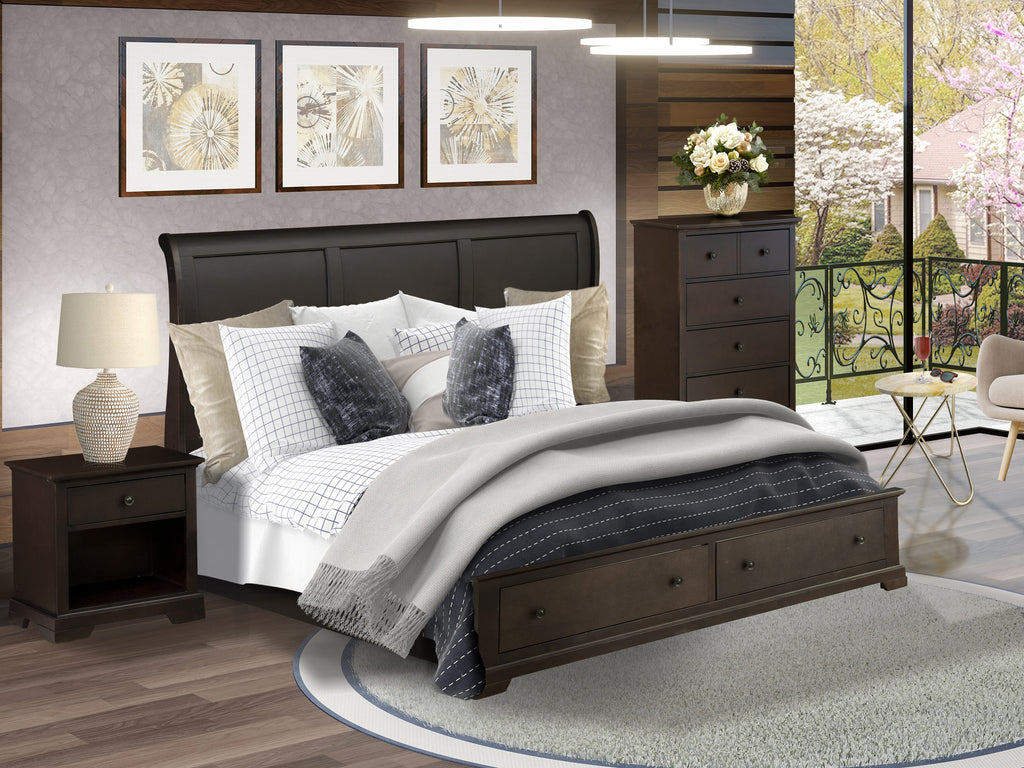 East West Furniture CO21-K1N00C 3 Pc King Size Bedroom Set with Luxurious Style Headboard King Bed, Wood Chest and 1 Walnut Nightstand - Wire Brushed Walnut Finish